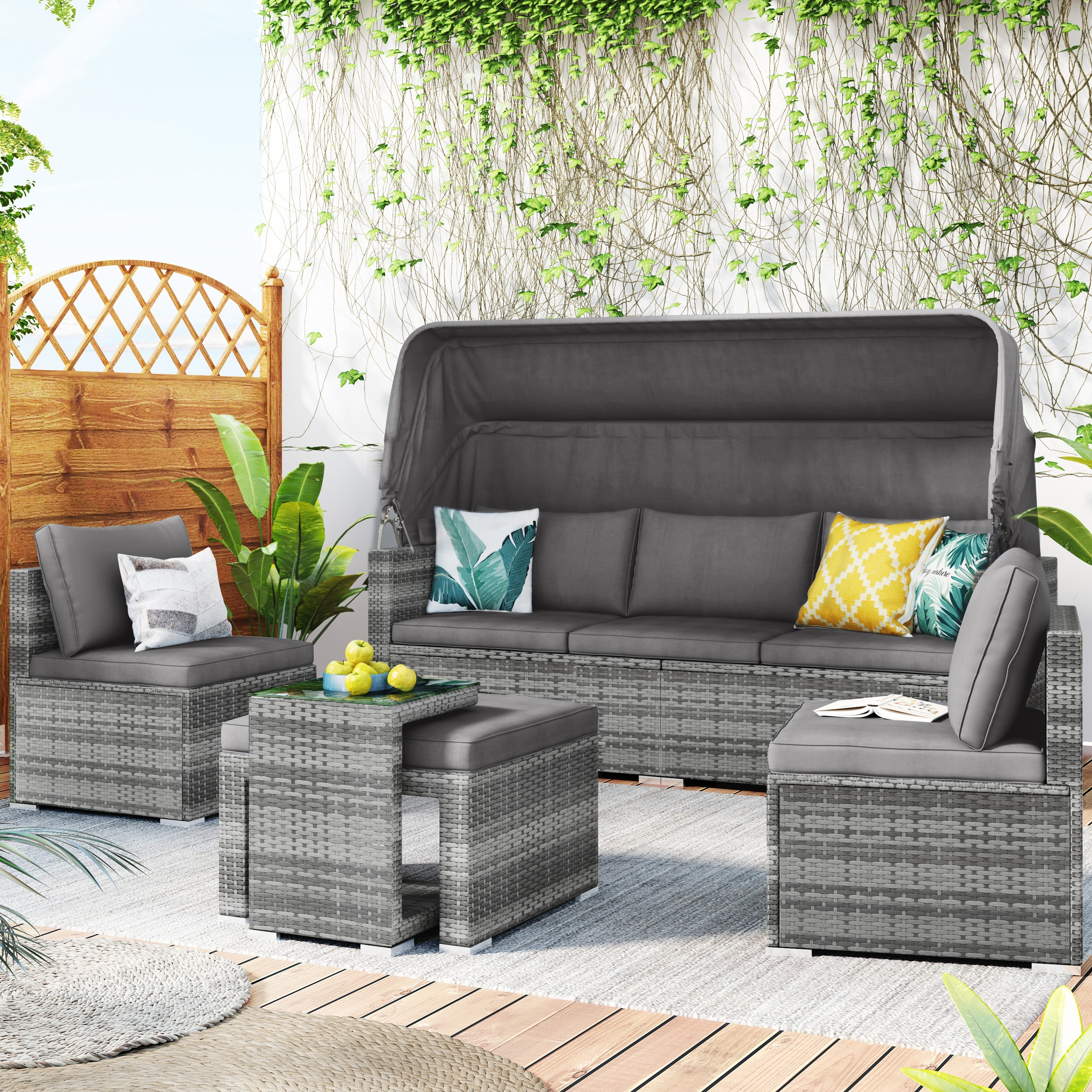 5 Pieces Outdoor Sectional Patio Sofa Set Rattan Daybed  Pe Wicker Conversation Set With Canopy And Tempered Glass Side Table