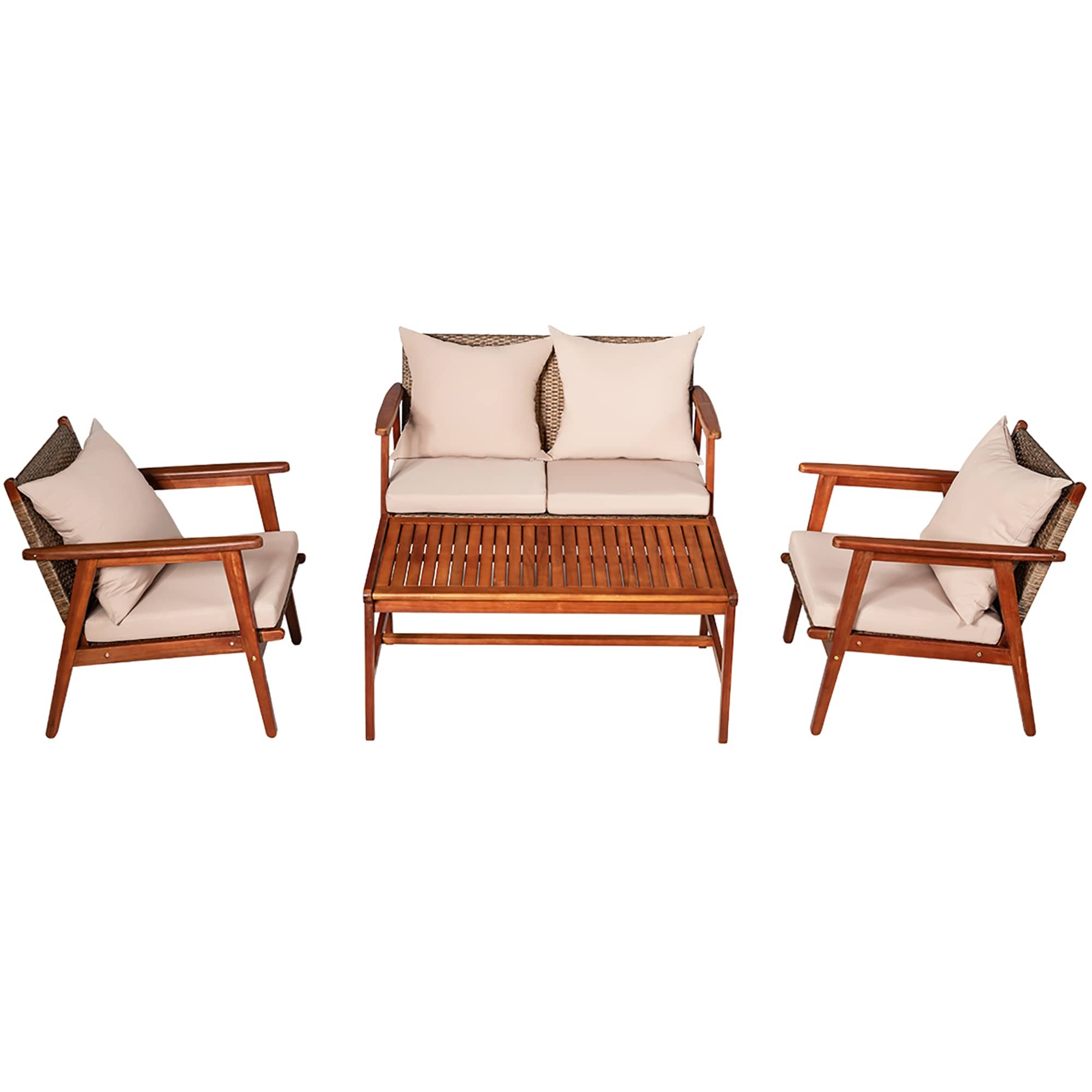 4pcs Acacia Wood Sofa Set Patio Rattan Furniture Set With Cushions