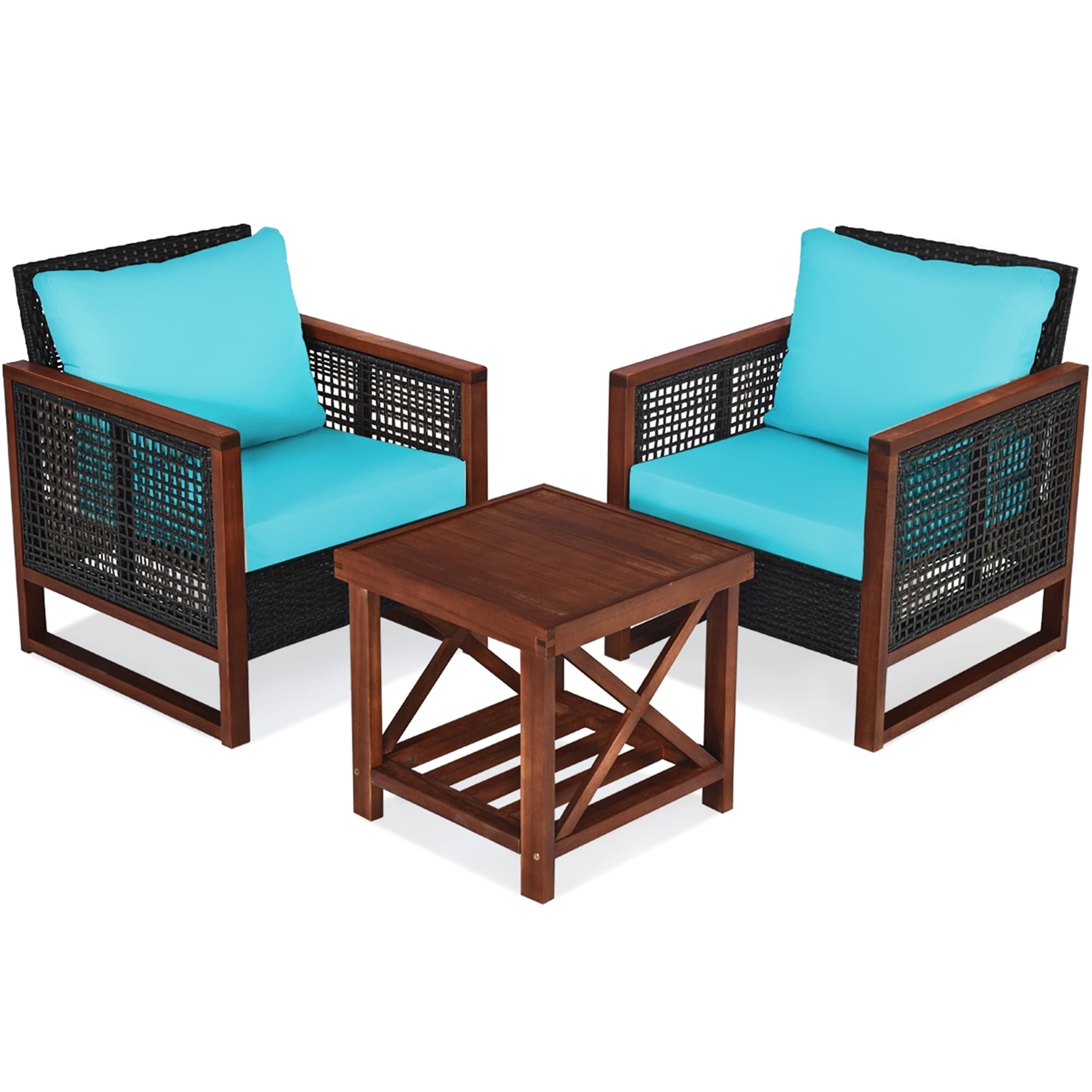 3pcs Patio Wood Wicker Conversation Furniture Sofa Set With Cushion