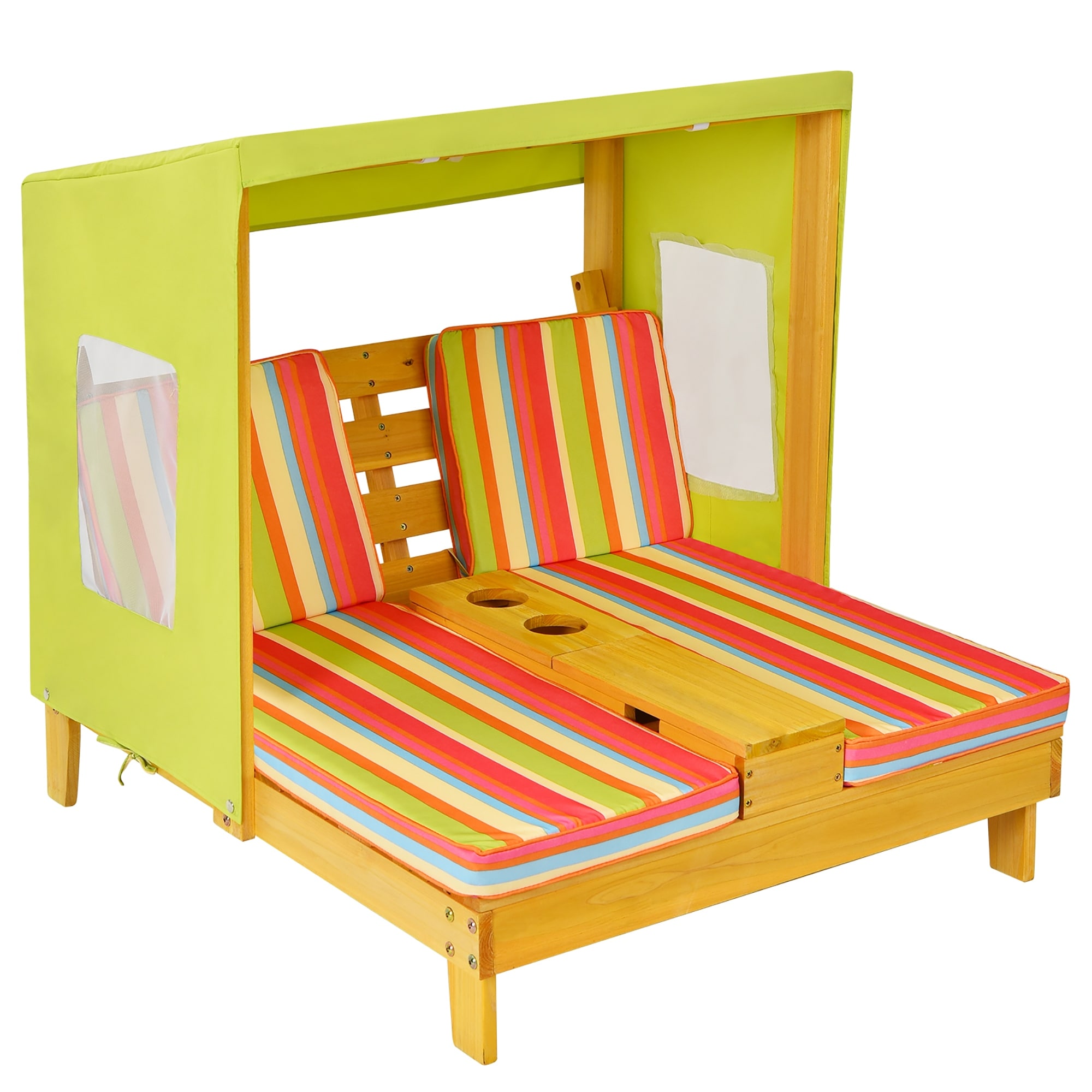 Kids Chaise Lounge Double Seat Patio Chair With Canopy And Cup Holder