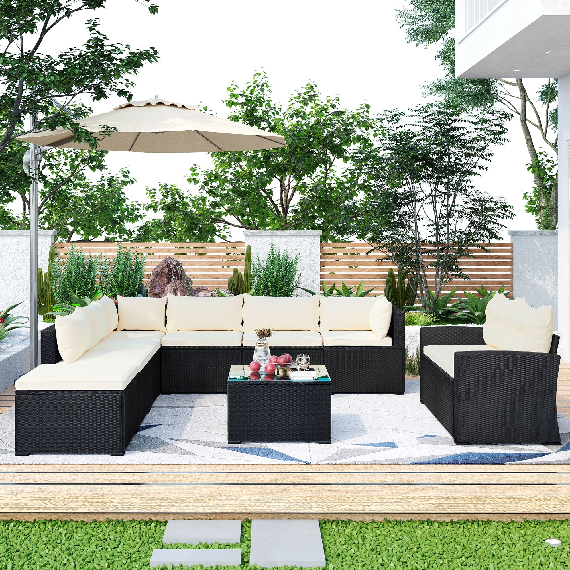 9-piece Outdoor Patio Wicker Large Sectional Sofa Set