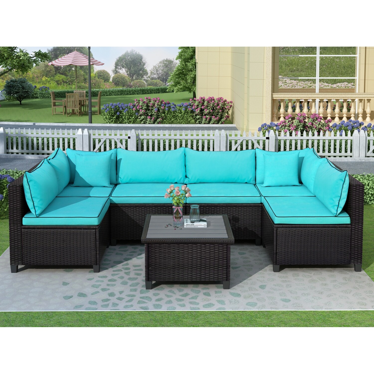 Blue Outdoor Rattan Wicker Sofa Set With Planked Coffee Table  U-shape Design Sectional Sofa  With 2 Characteristic Pillows