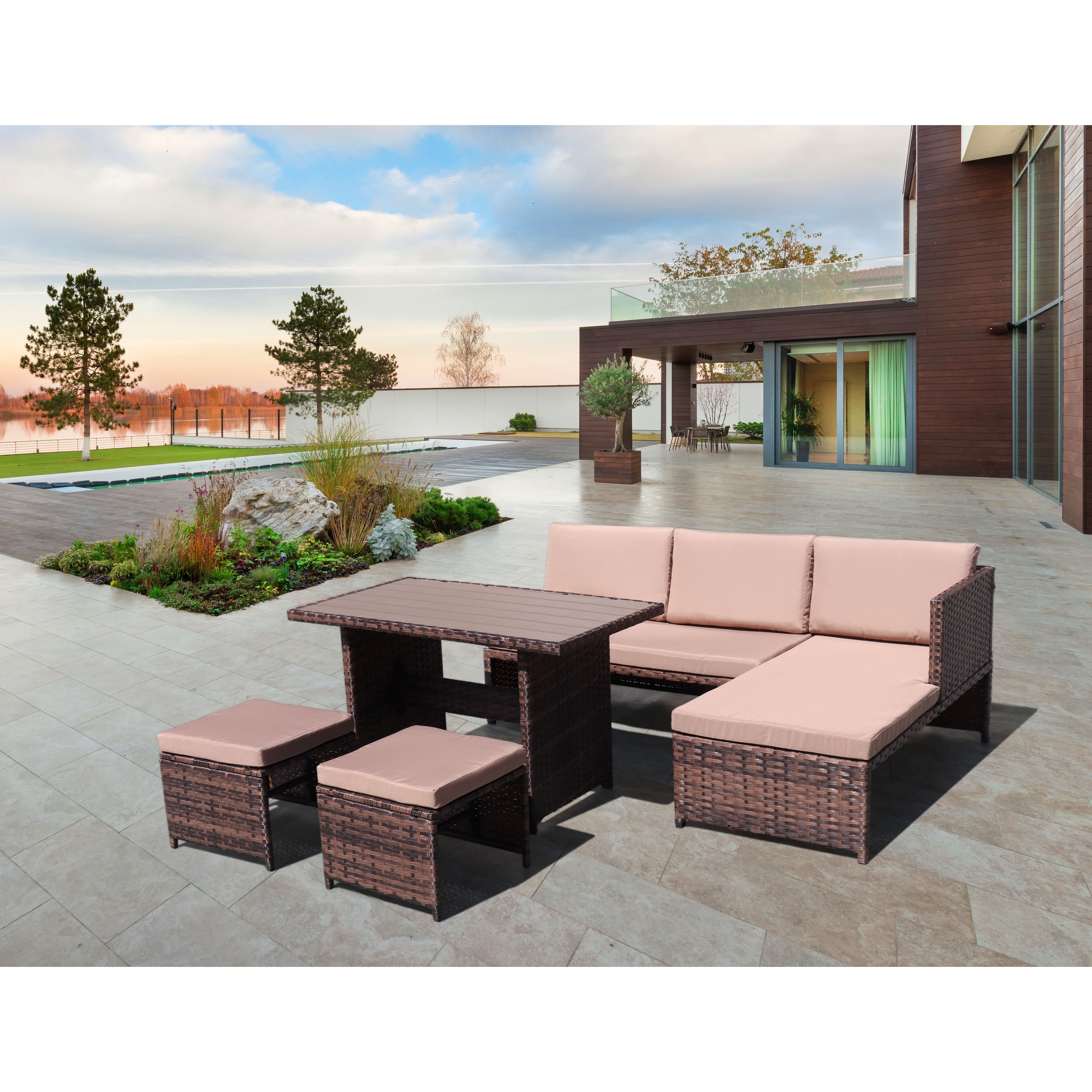 5-piece Rattan Wicker Sectional Patio Set For 4-5  Perfect For Balcony  Terrace and Garden Relaxation.