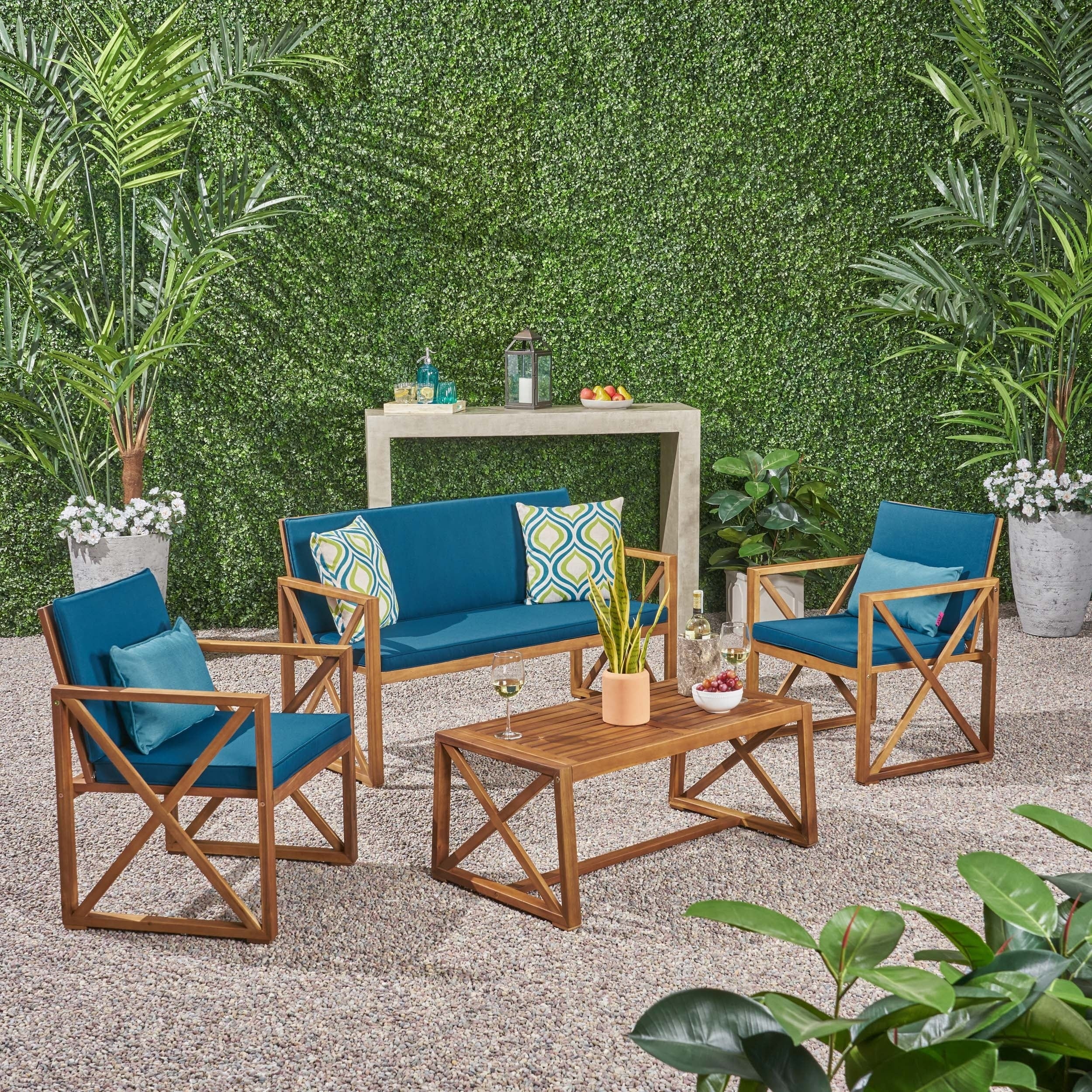 Andora Outdoor 4 Piece Acacia Wood Chat Set With Cushions By Christopher Knight Home