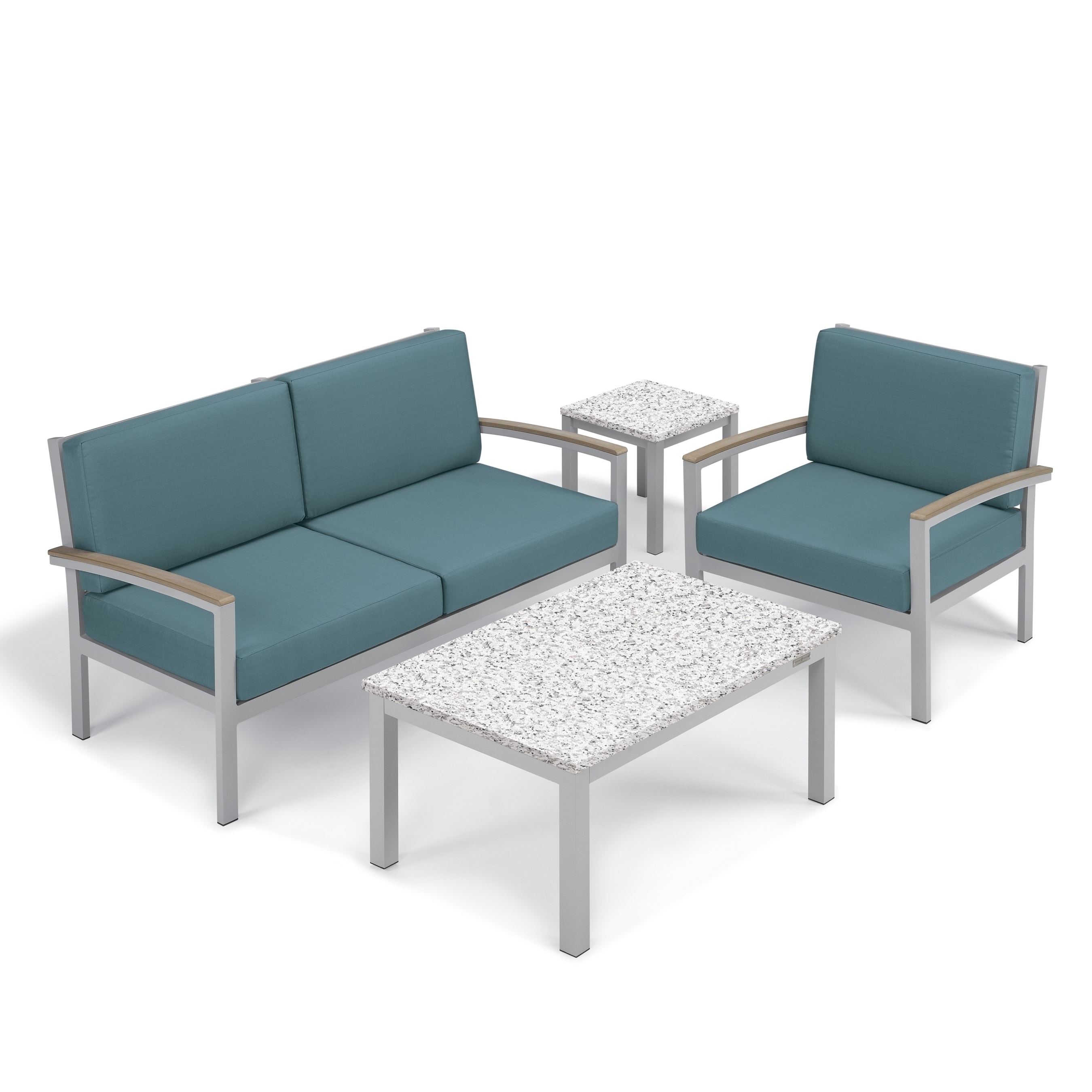 Oxford Garden Travira 4-piece Seat and Lite-core Granite Ash Table Chat Set - Vintage Tekwood Armcaps  Ice Blue Cushion
