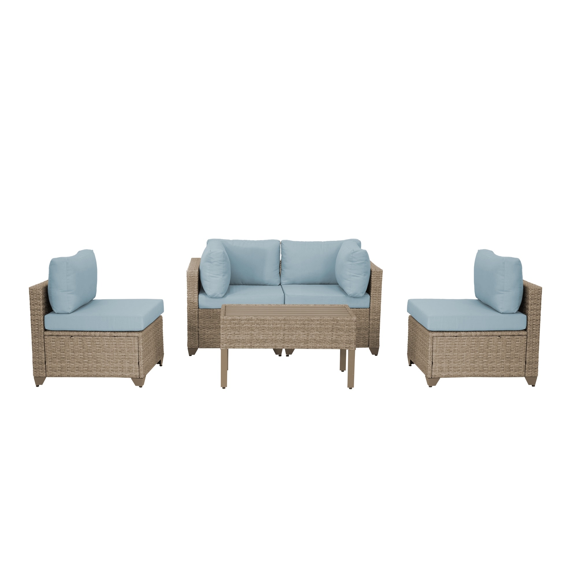 Maui 5-piece Outdoor Conversation Set Including 2 Armless Sofa Seats And Coffee Table In Natural Aged Wicker