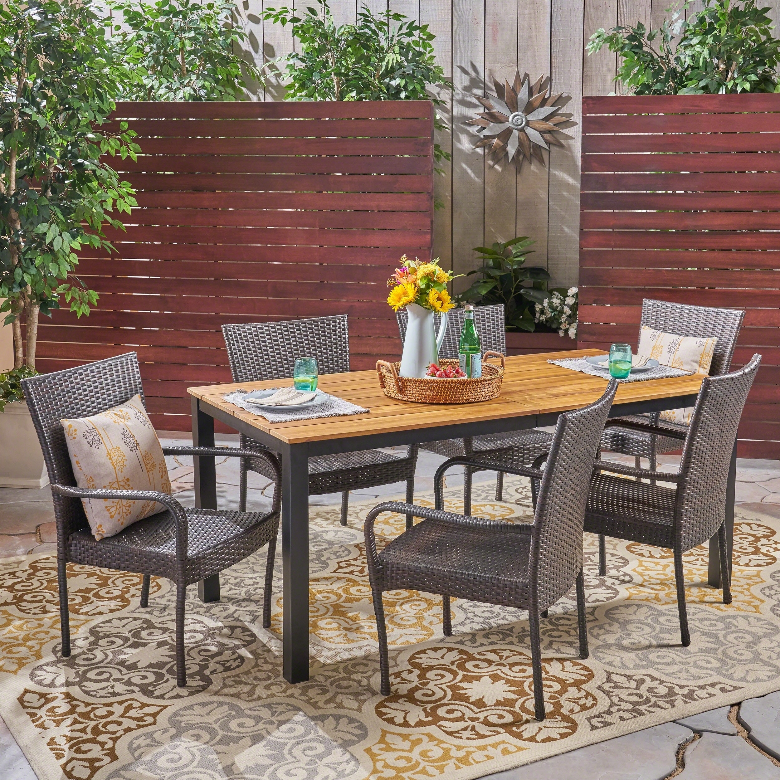 Coleman Outdoor 7 Piece Acacia Wood Dining Set With Stacking Wicker Chairs By Christopher Knight Home