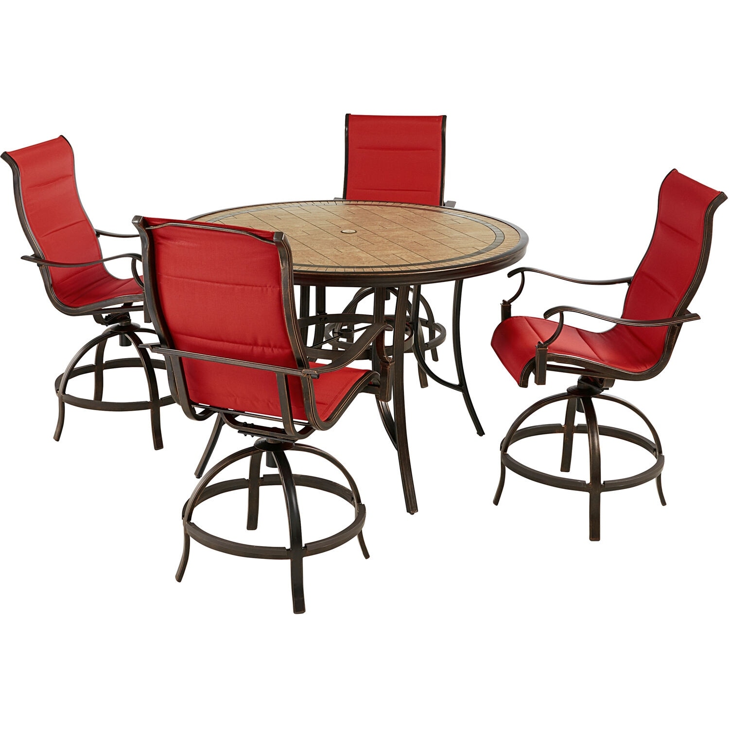 Hanover Monaco 5-piece High-dining Set In Sunset W/4 Padded Counter-height Swivel Chairs And A 56-in. Tile-top Table