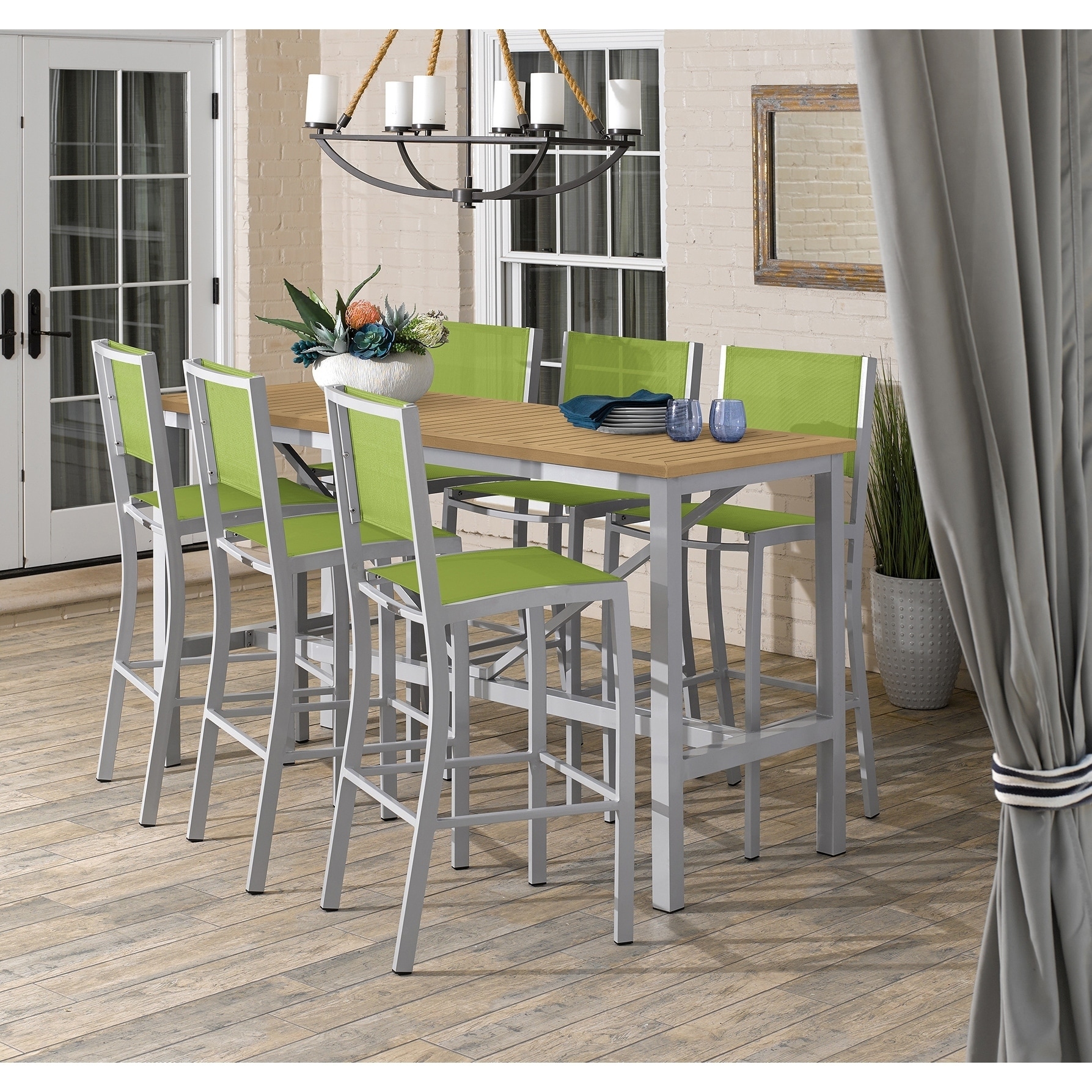 Oxford Garden Travira 7-piece 72-in X 30-in Tekwood Natural Bar Table and Sling Bar Chair Set - Go Green Sling