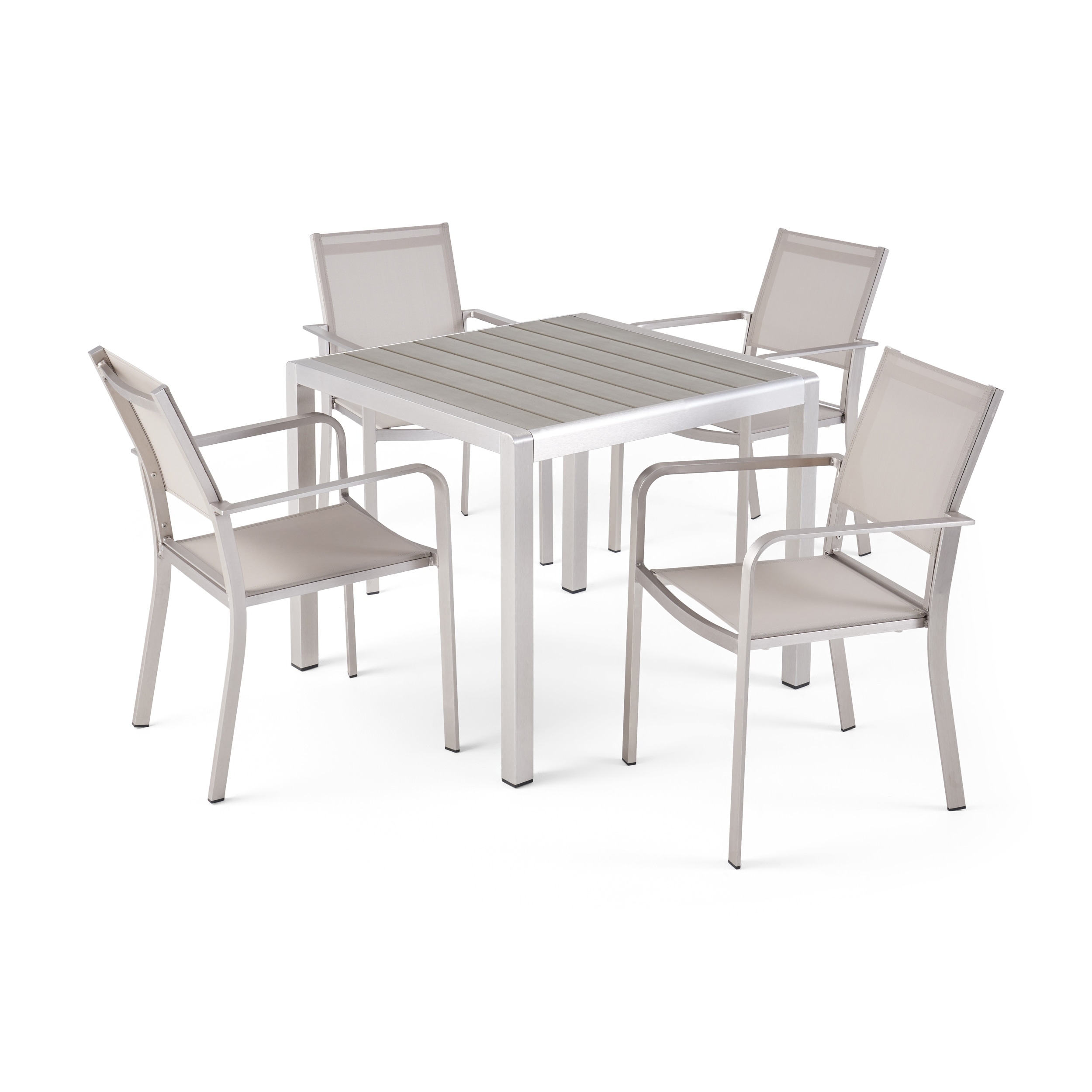 Boris Outdoor Modern 4 Seater Aluminum Dining Set With Faux Wood Table Top By Christopher Knight Home