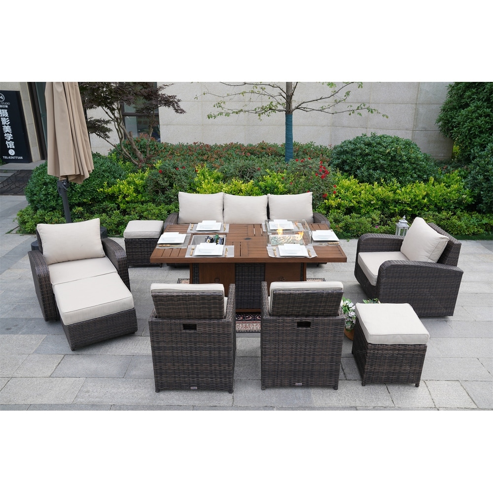Brown Garden Patio Rectangular Sofa And Dining Set With Gas Firepit And Ice Bucket And Ottomans