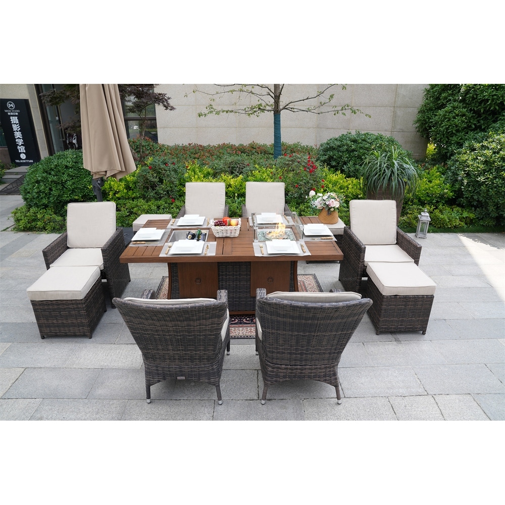 Brown Garden Patio Rectangular Dining Set With Gas Firepit And Ice Bucket And Ottomans