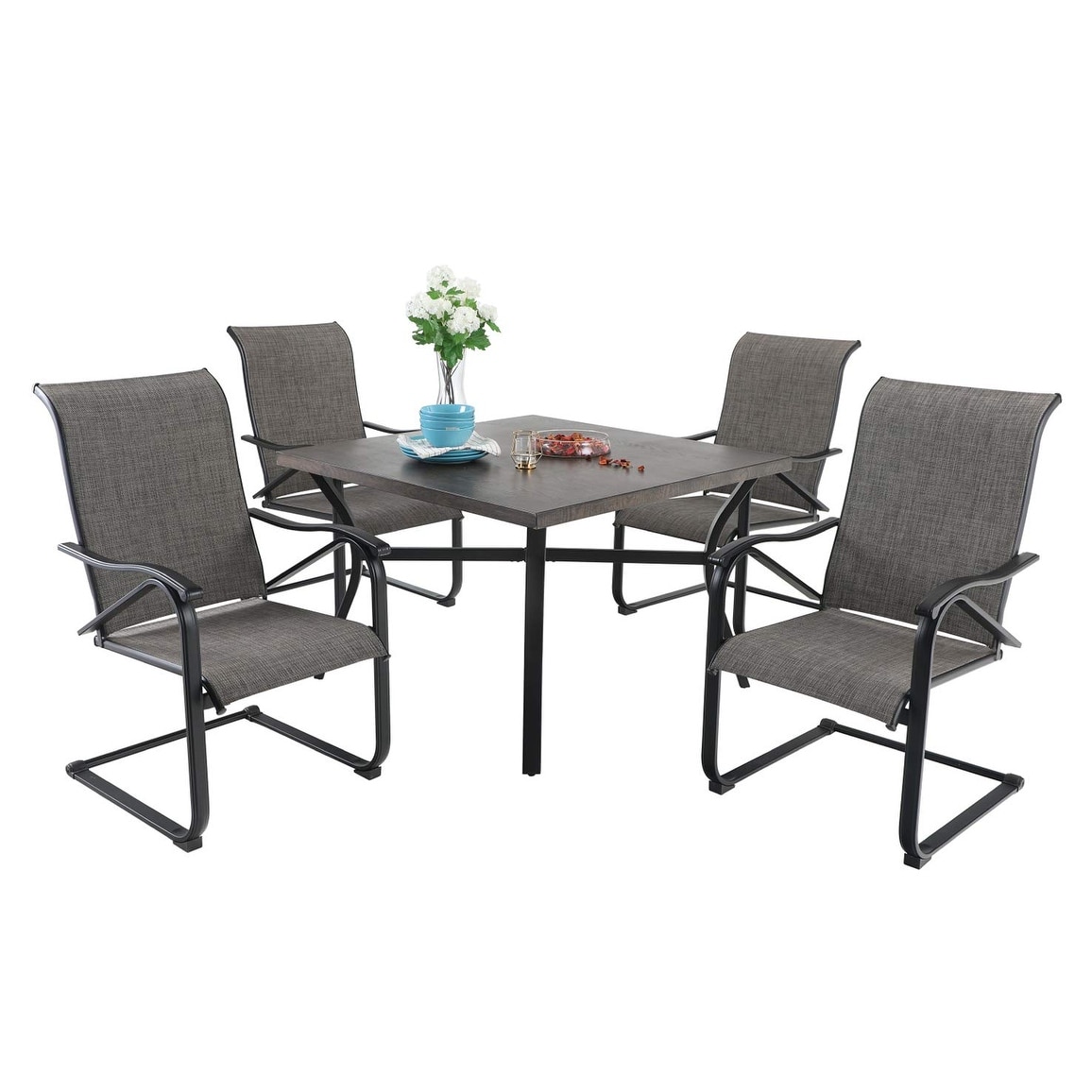 Sophia and William Patio Dining Set 5 Pieces  4 C Spring Motion Chairs And 1 Sqare Metal Table With Umbrella Hole