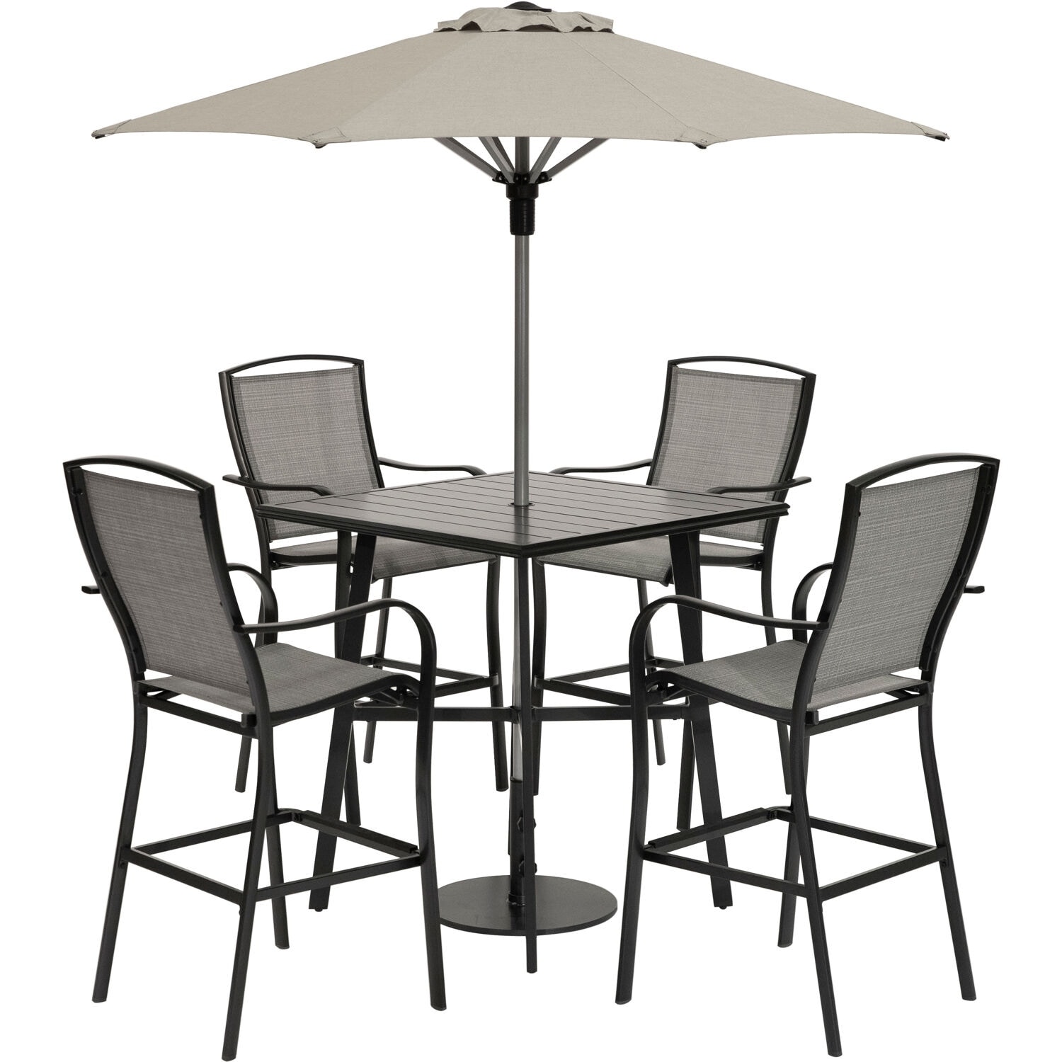 Hanover Foxhill 5-piece Commercial-grade Counter-height Dining Set With 4 Sling Chairs And 42-in. Slat  7.5-ft. Umbrella