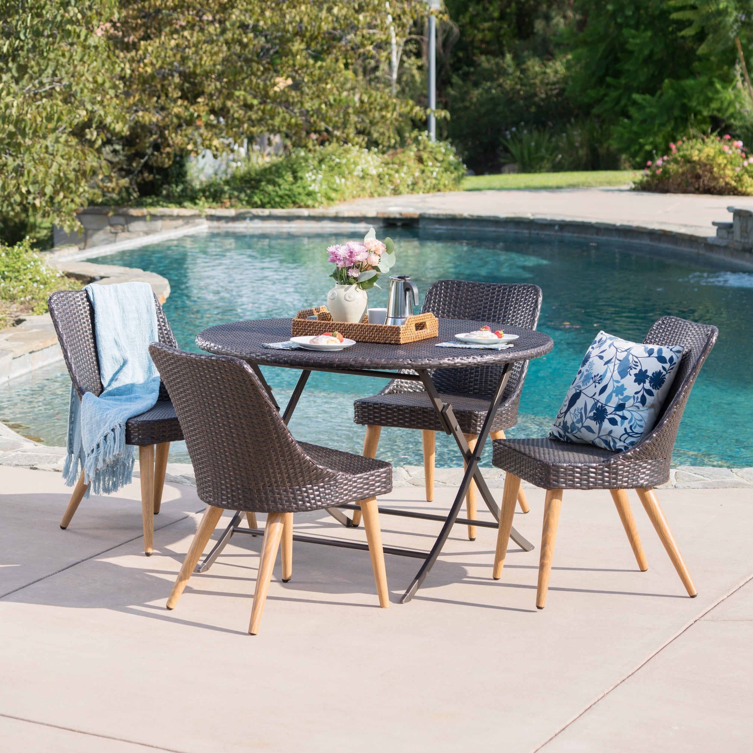 Opal Outdoor 5-piece Round Foldable Wicker Dining Set With Umbrella Hole By Christopher Knight Home