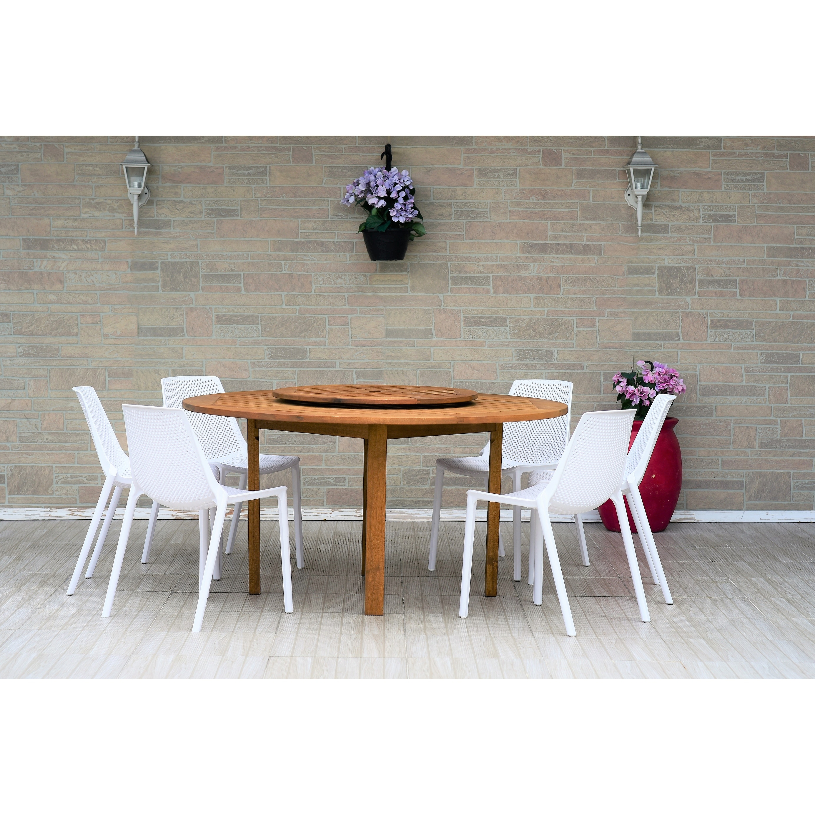 7-piece Wood Lazy Susan Dining Set With Plastic Chairs