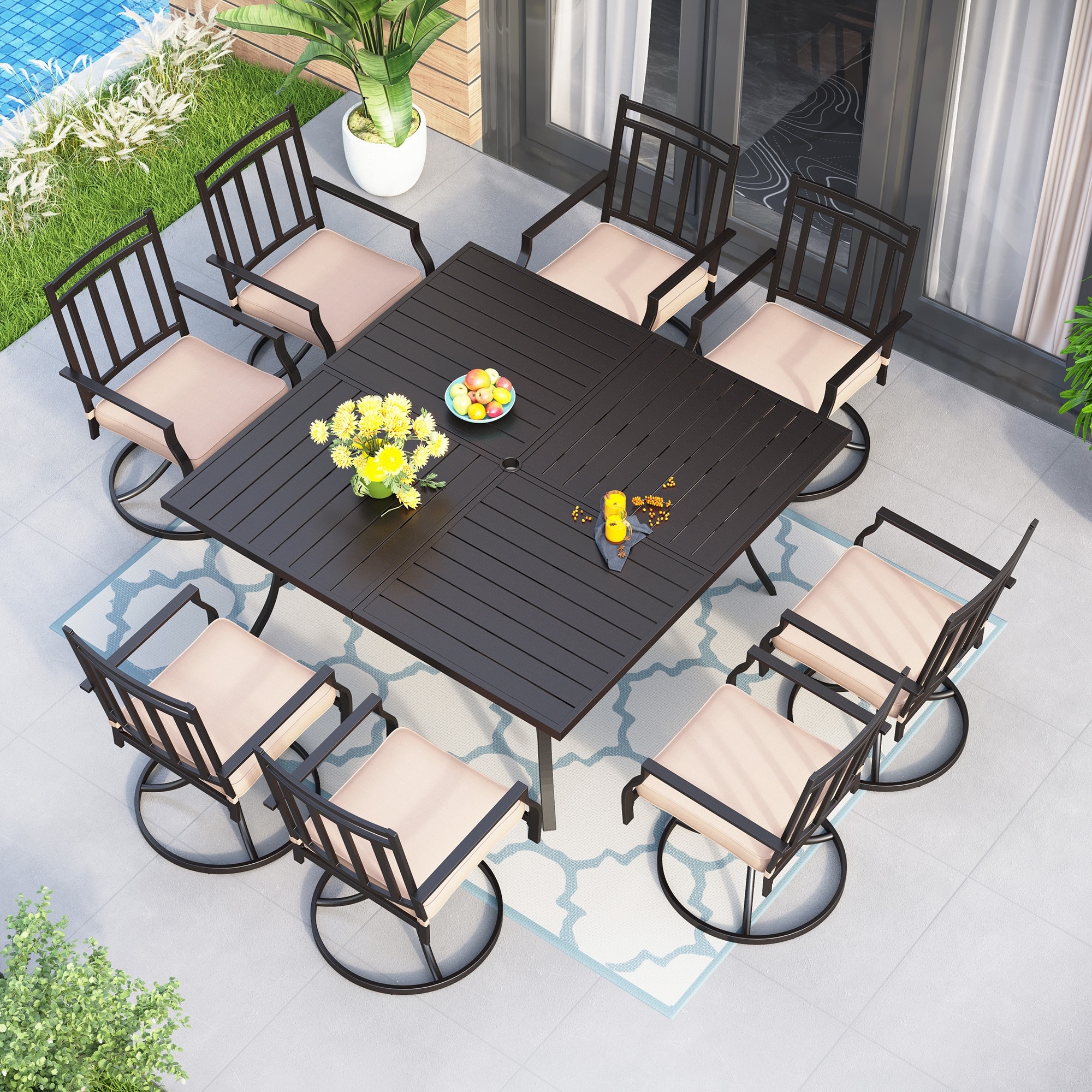 9-piece Patio Dining Set  60 Inch Square Metal Table And 8 Swivel Dining Chairs