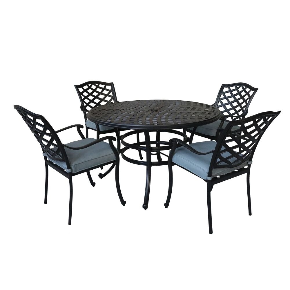 Aluminum 5-piece Light Blue Cushions Round Dining Set With 4 Arm Chairs