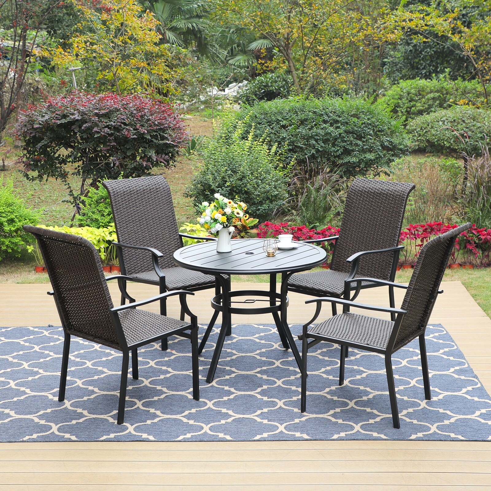 Sophia and William Outdoor Patio 5-piece Dining Set  1 Metal Table With An Umbrella Hole And 4 Pe Rattan Chairs