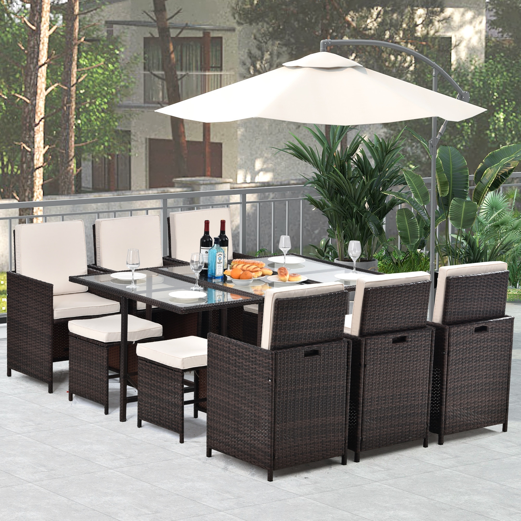 11 Pieces Cushioned Pe Rattan Wicker Outdoor Dining Set