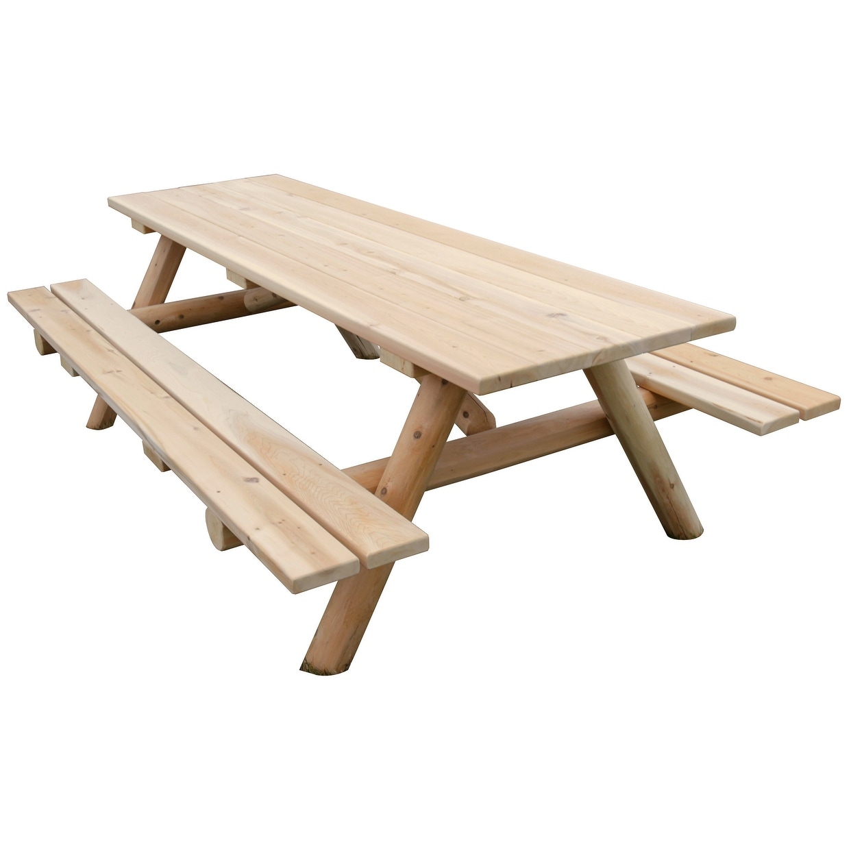 Outdoor White Cedar Log 8 Picnic Table With Attached Benches