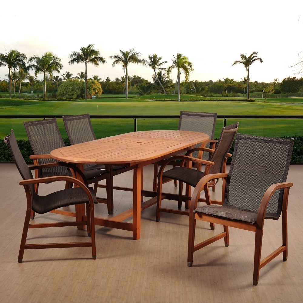 Amazonia Bahamas 7-piece Outdoor Dining Set Eucalyptus Extendable Rectangular Table With Brown Sling Chair Patio Furniture