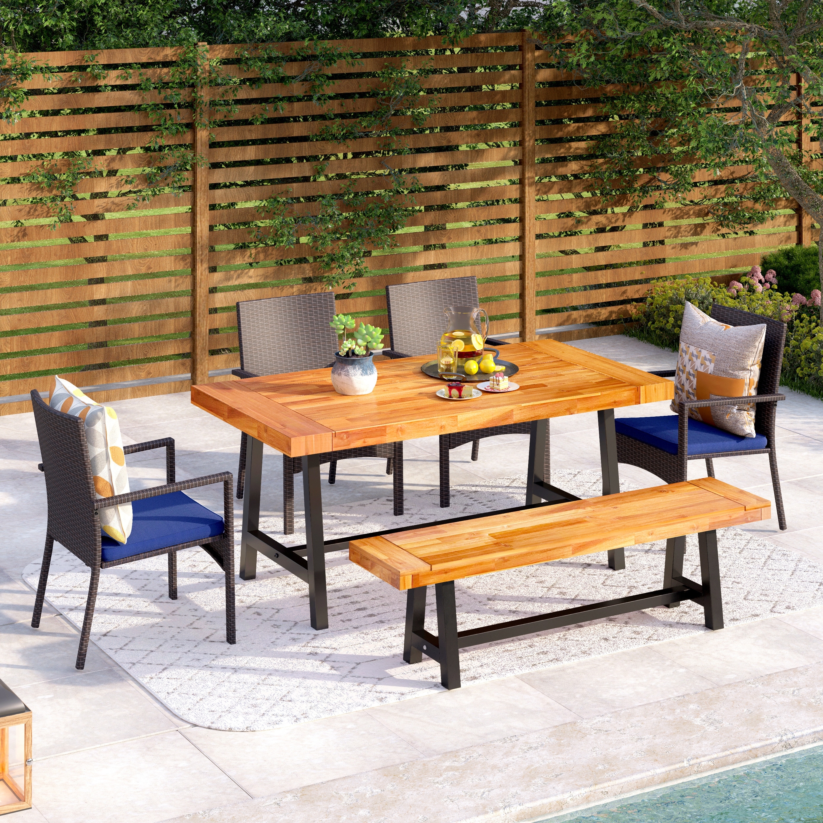 6 Piece Outdoor Patio Dining Set 1 Acacia Wood Table and 4 Cushioned Rattan Chairs