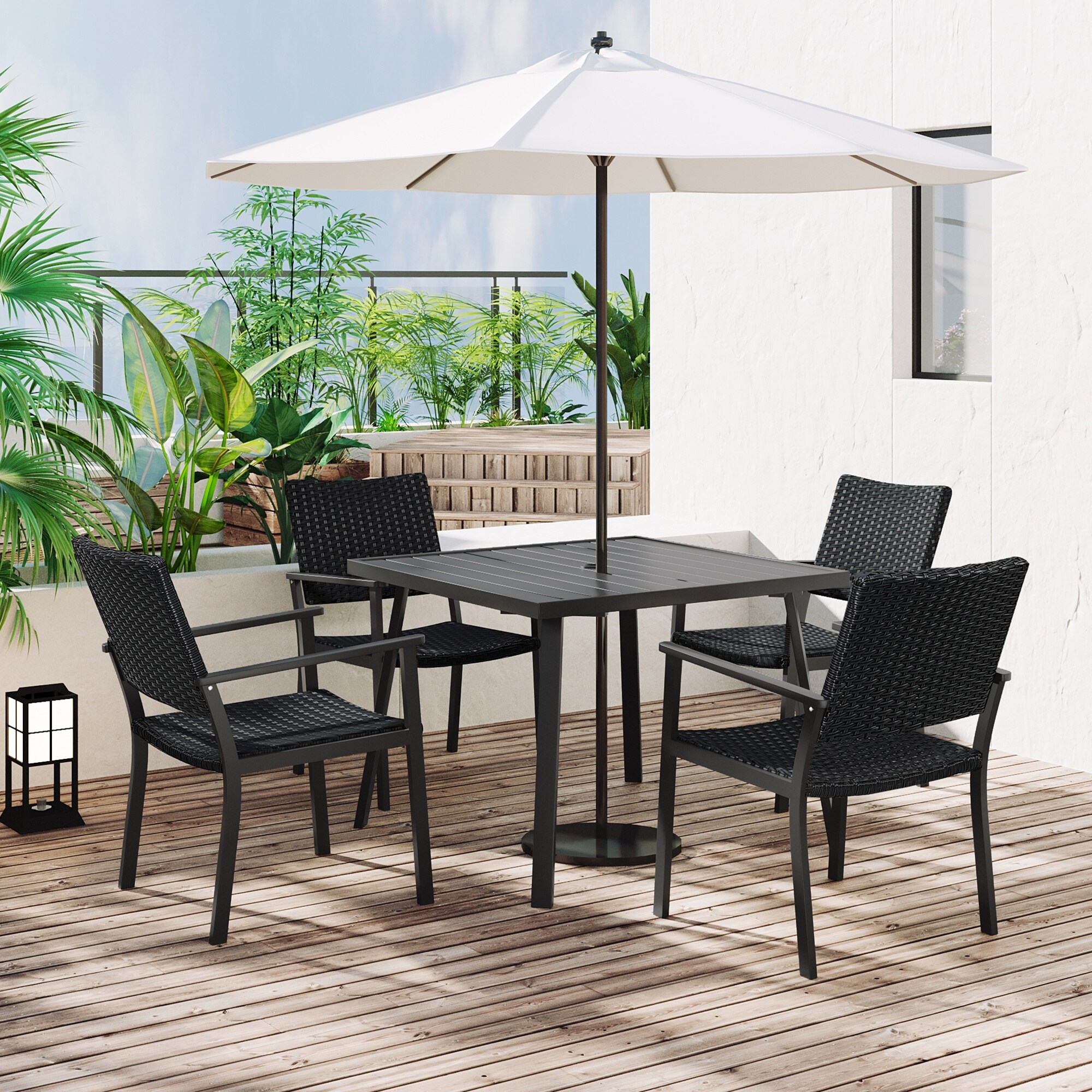 Outdoor Patio Pe Wicker 5-piece Dining Table Set With Umbrella Hole And 4 Dining Chairs For Garden  Deck