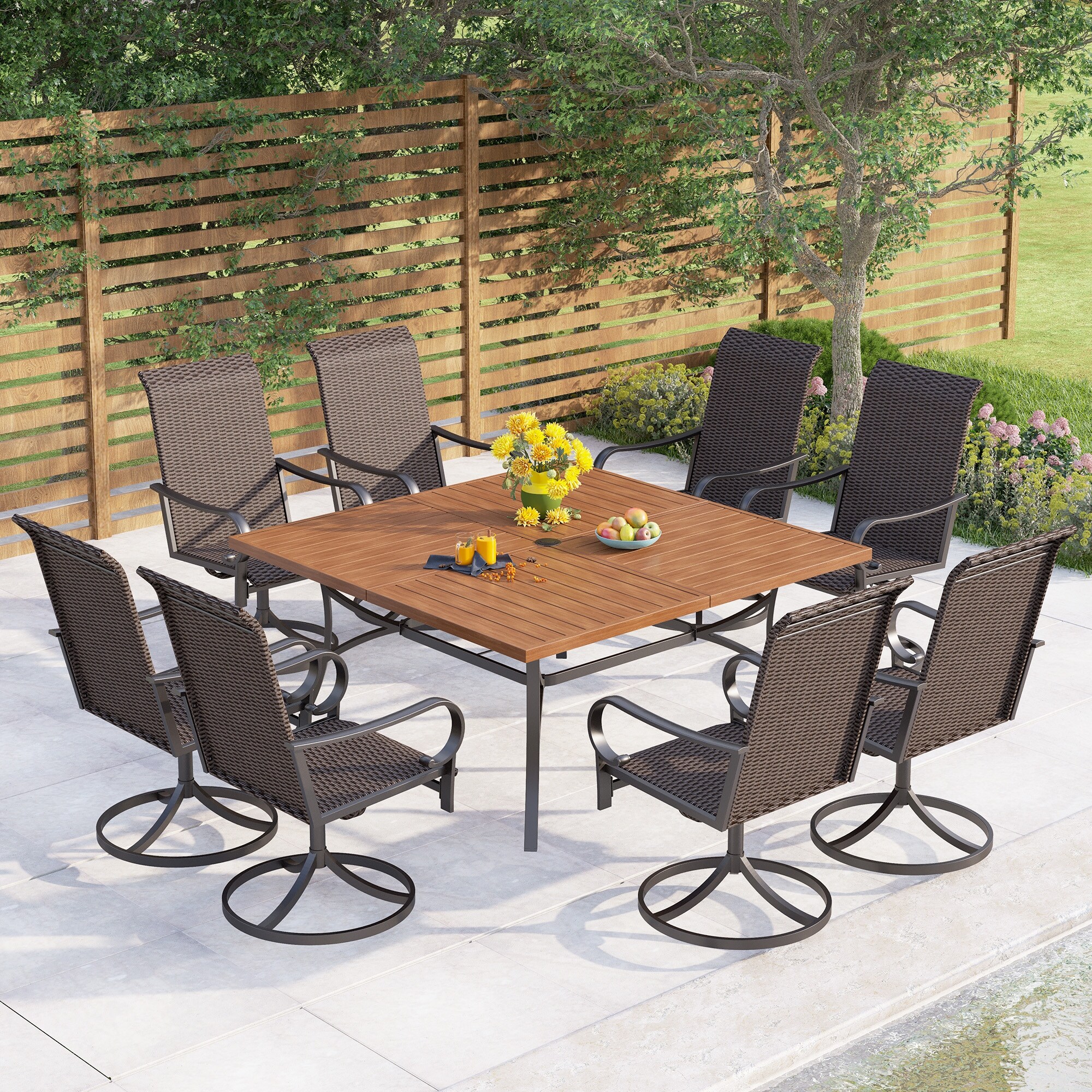 9-piece Patio Dining Set  60 Inch Square Metal Table And 8 Rattan Dining Chairs