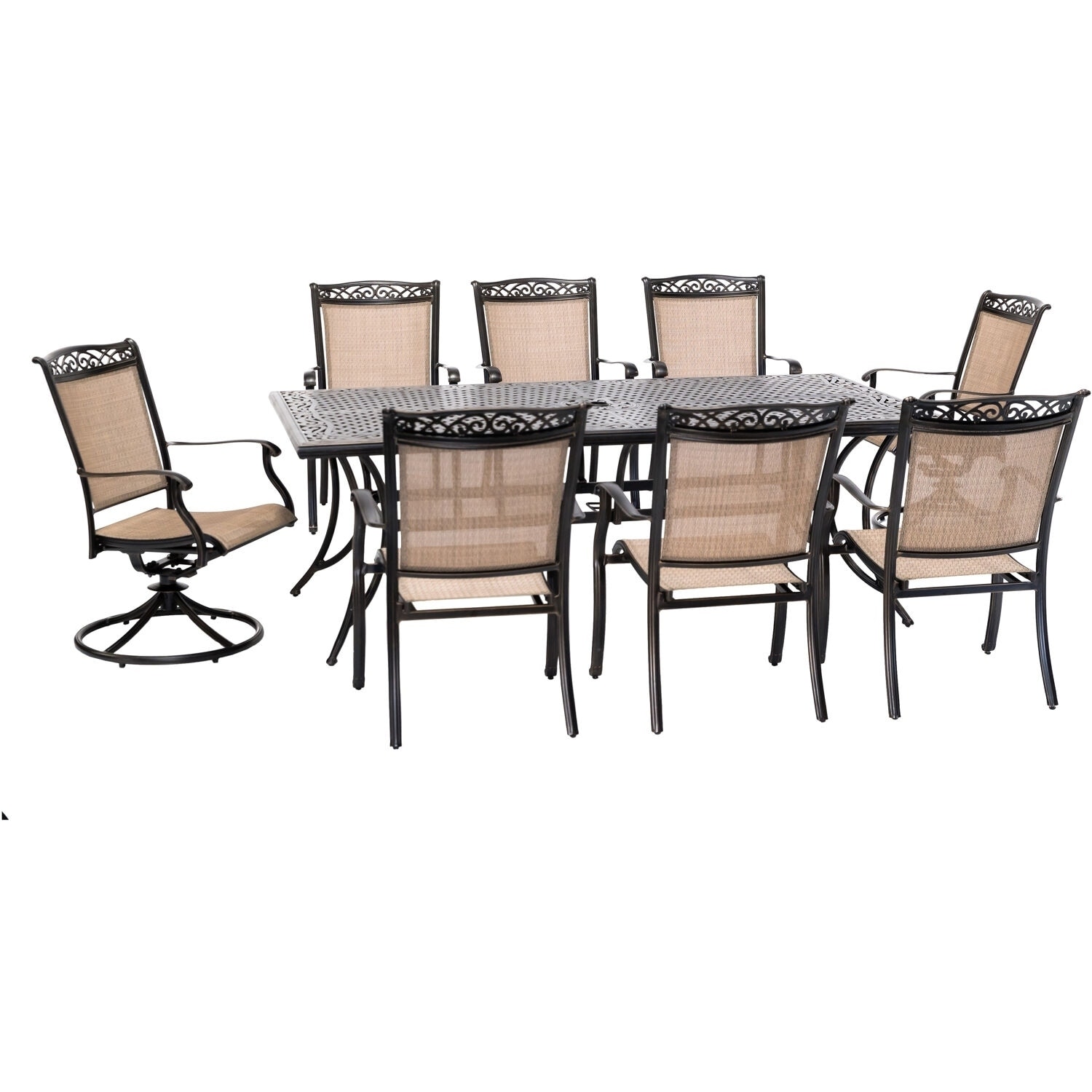 Hanover Fontana 9-piece Outdoor Dining Set With 2 Sling Swivel Rockers  6 Sling Chairs  And A 42-in. X 84-in. Cast-top Table