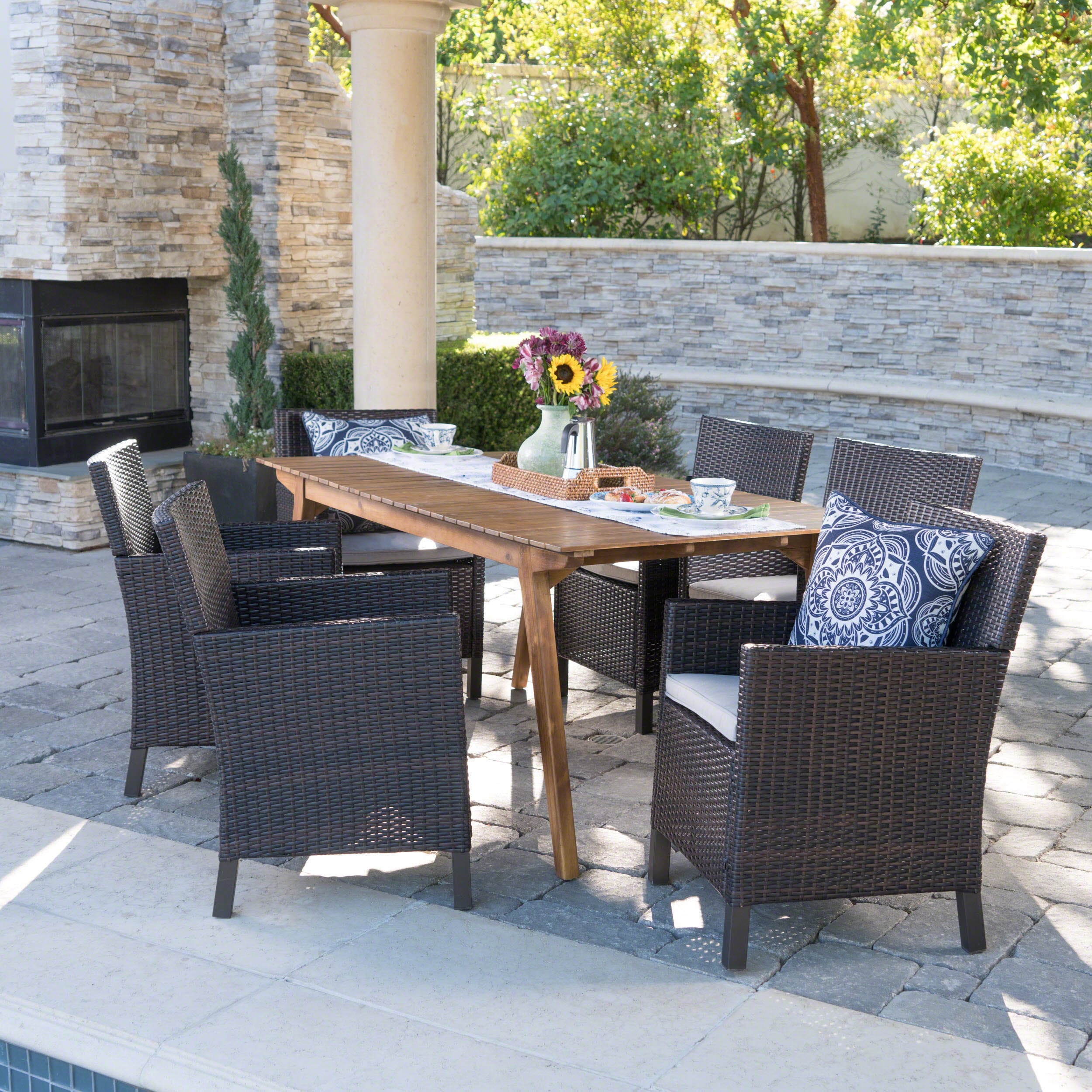 Otto Outdoor 7-piece Rectangle Wicker Wood Dining Set With Cushions By Christopher Knight Home