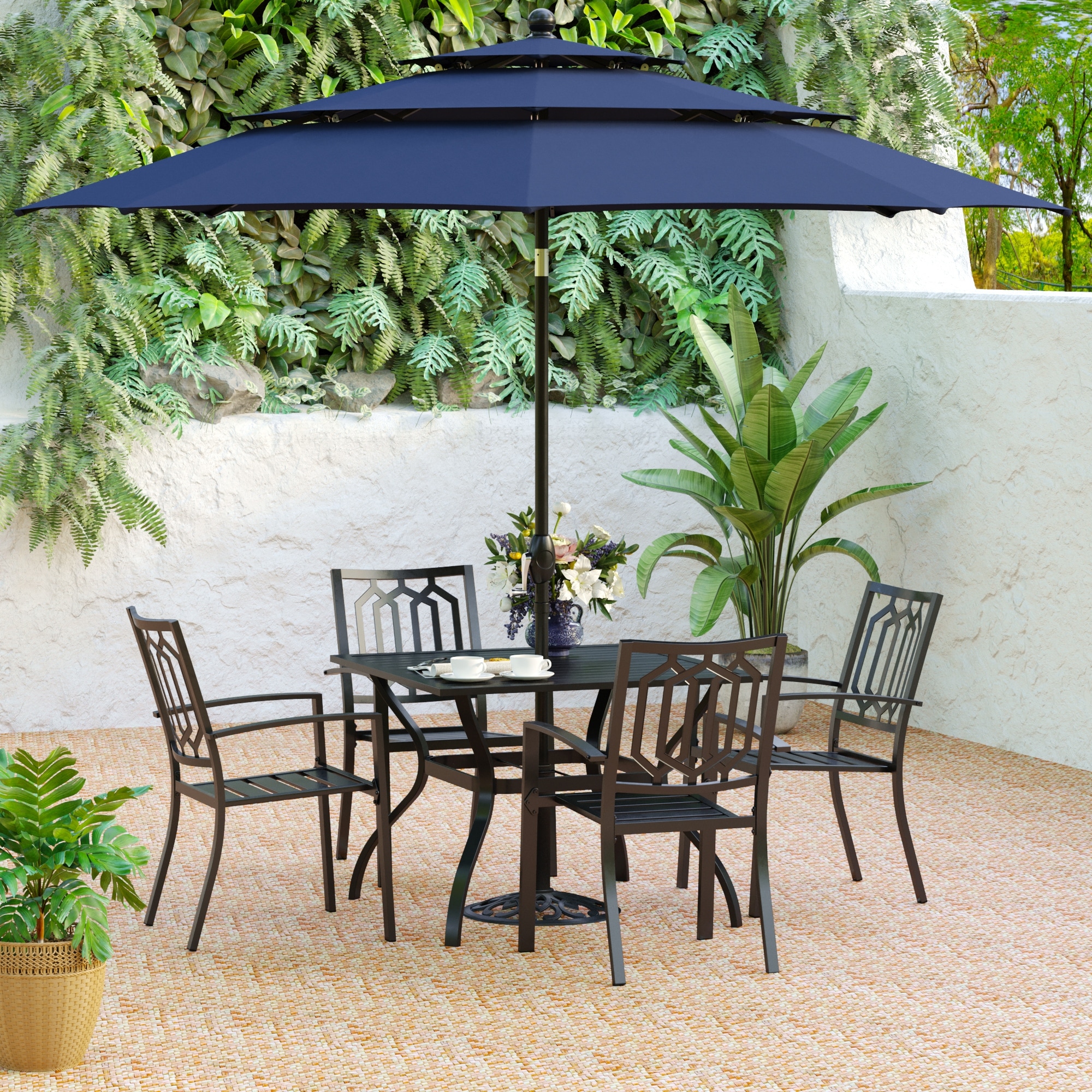 Patio Dining Set With 4/6*metal Outdoor Chairs  Metal Square Dining Table And 10/13ft/ Patio Umbrella
