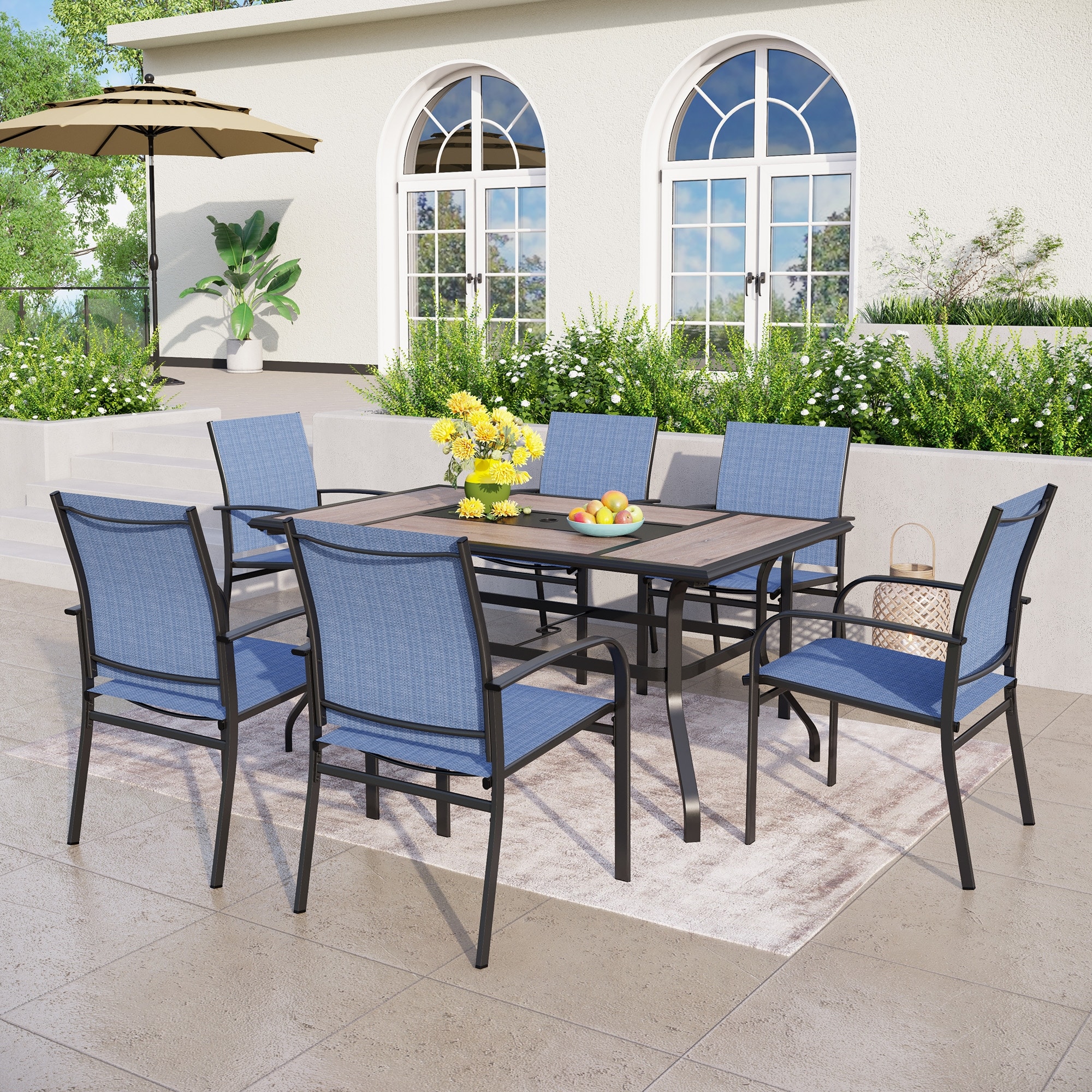 Patio Dining Set 7-piece Metal Wood-look Geometric Rectangle Table And 6 Textilene Chairs