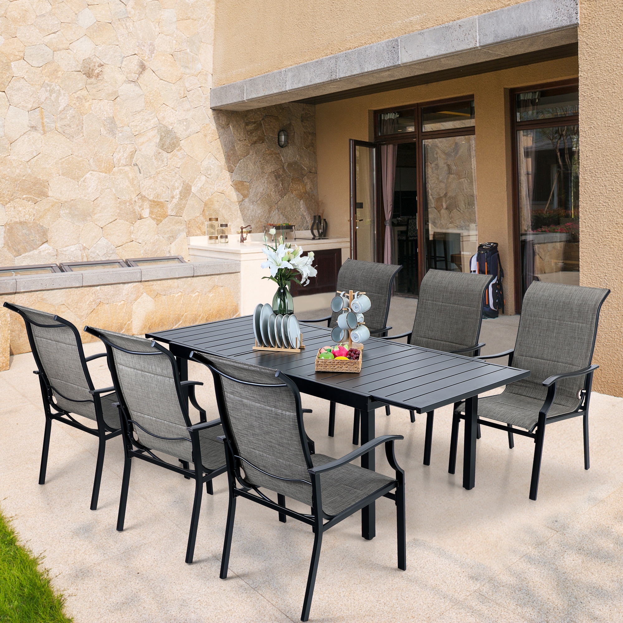 Patio Dining Set 9/7 Pieces Outdoor Metal Furniture Set  8/6 C Spring Motion Chairs And 1 Expandable Table