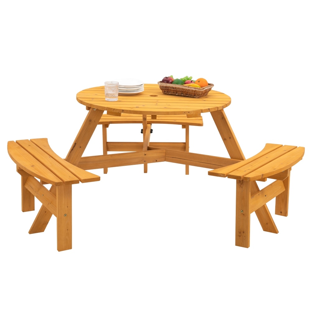 6-person Circular Outdoor Wooden Picnic Table With 3 Benches