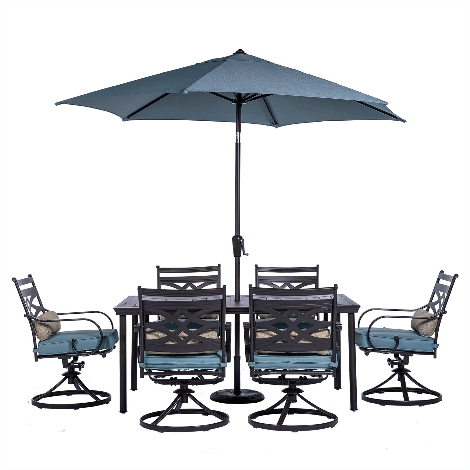 Hanover Montclair 7-piece Dining Set In Ocean Blue With 6 Swivel Rockers  40-in. X 66-in. Dining Table And 9-ft. Umbrella