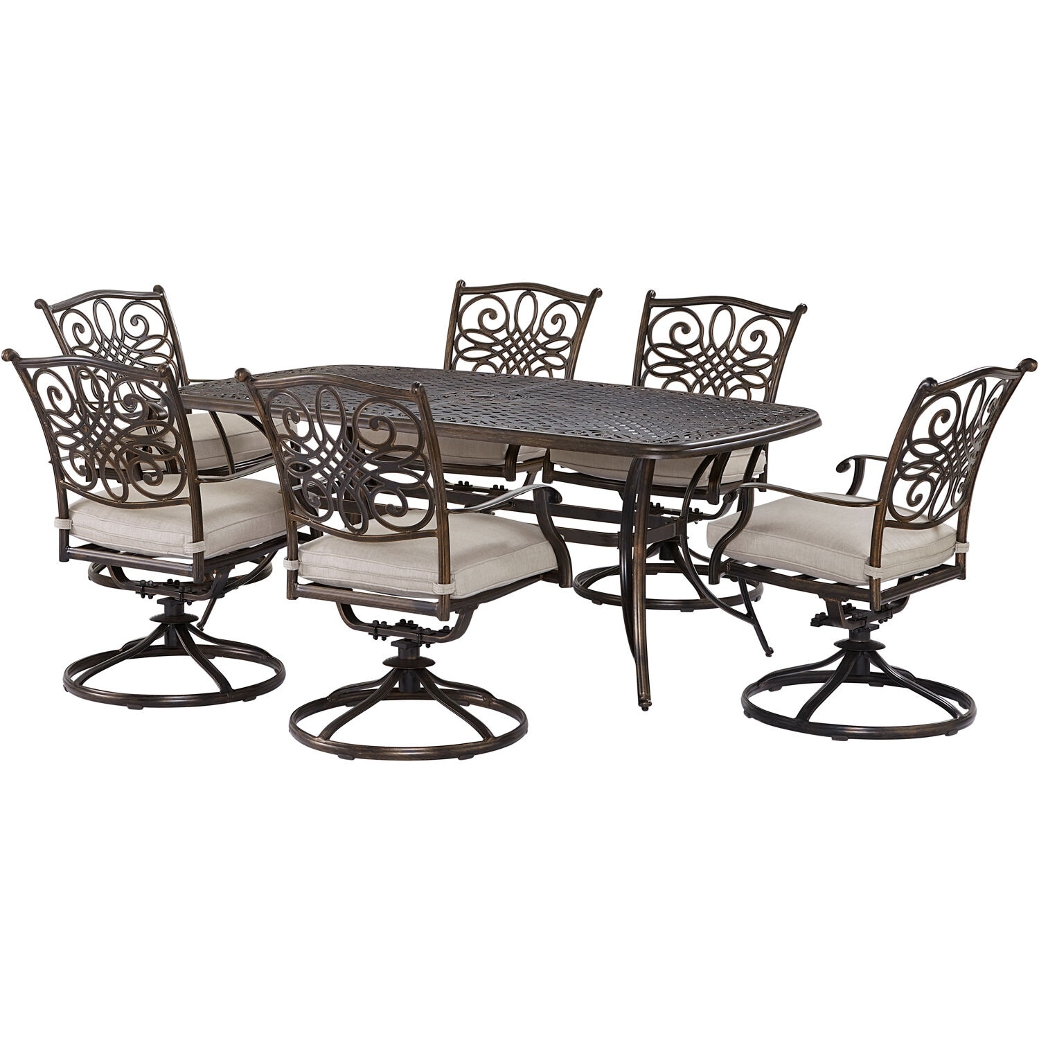 Agio Renditions 7-piece Set With 6 Swivel Rockers And 38-in. X 72-in. Cast-top Table  Featuring Sunbrellaand Fabric In Silver