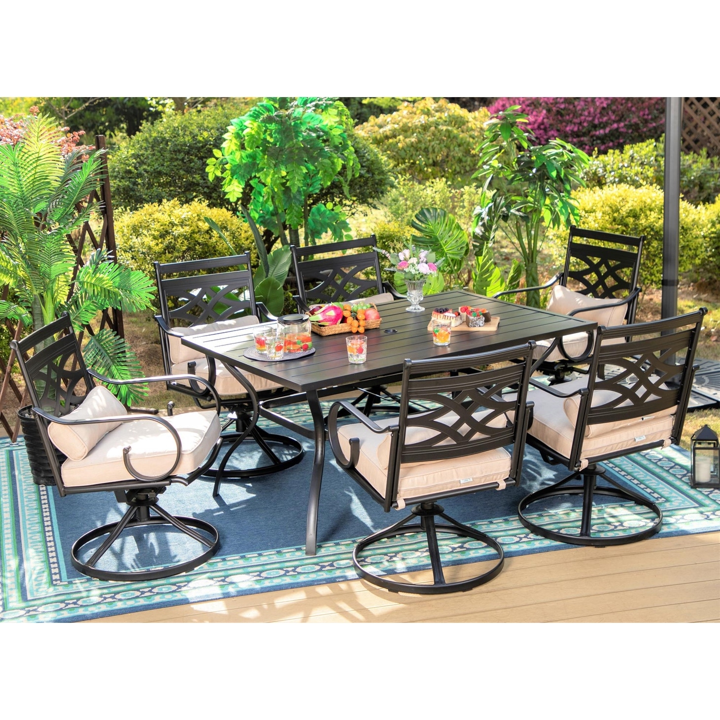 7-piece Outdoor Dining Set Steel Rectangle Table and Elegant Cast Iron Pattern Dining Chairs