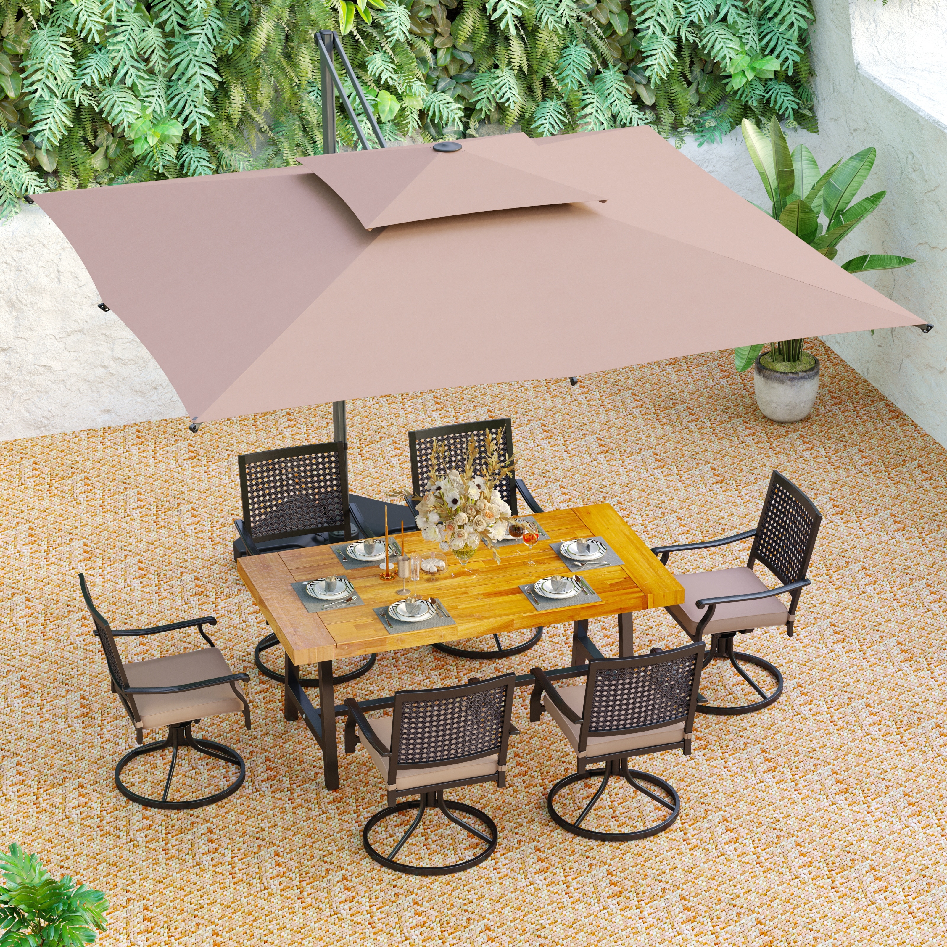 8-piece Patio Dining Sets  6 Stackable Or Swivel Chair  1 Acacia Wood Table And 1 10ft Offset Umbrella