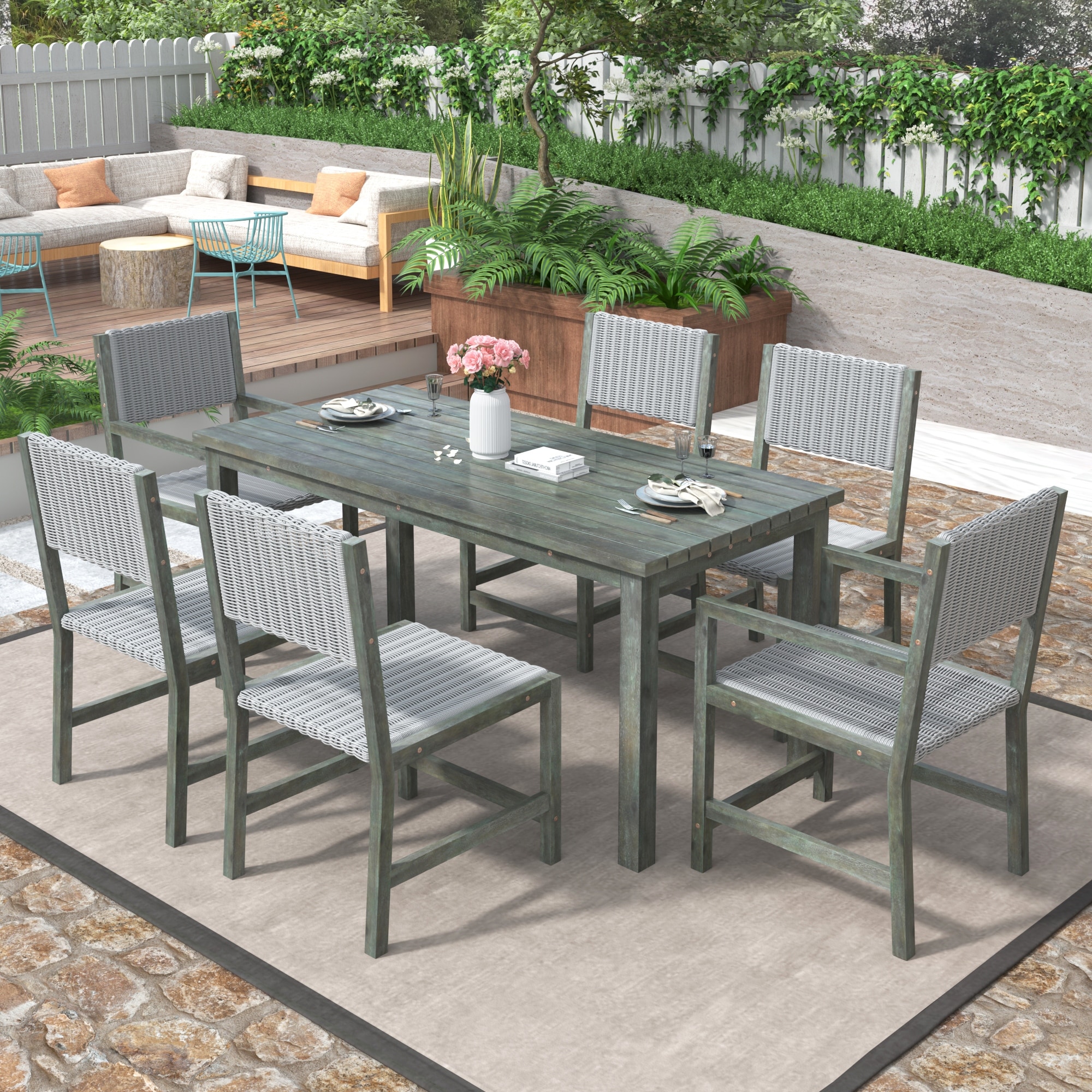 7-piece Acacia Wood And Rattan Outdoor Dining Table And Chairs