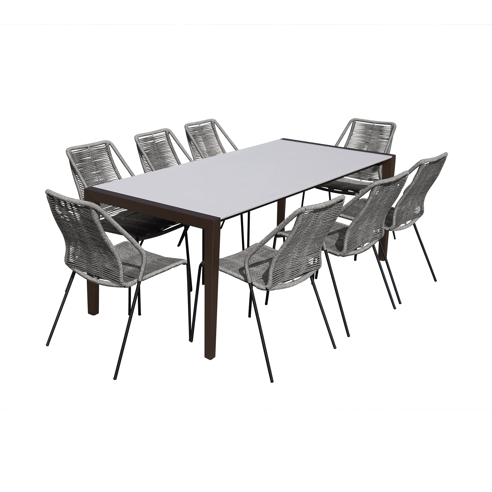 Fineline And Clip Indoor Outdoor 9 Piece Dining Set In Dark Eucalyptus Wood With Superstone And Rope