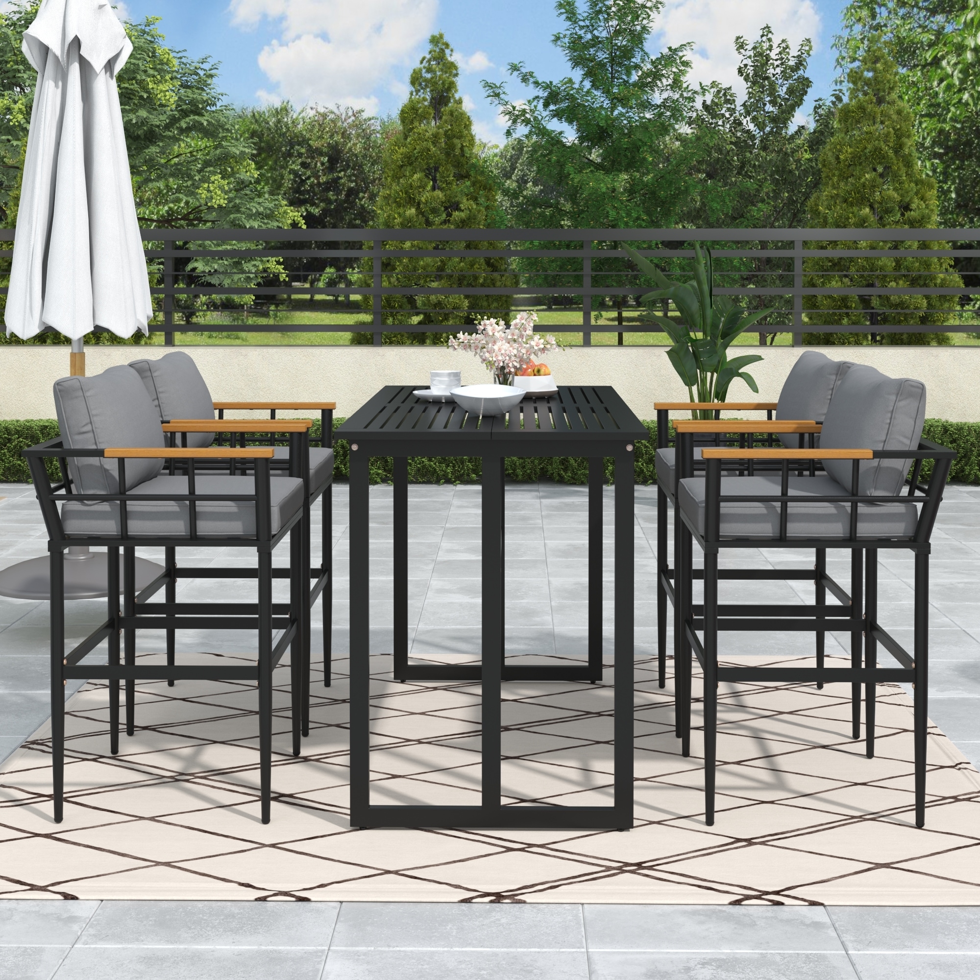 Outdoor Steel Dining Sets 5 Pcs High-leg Dining Table  Black