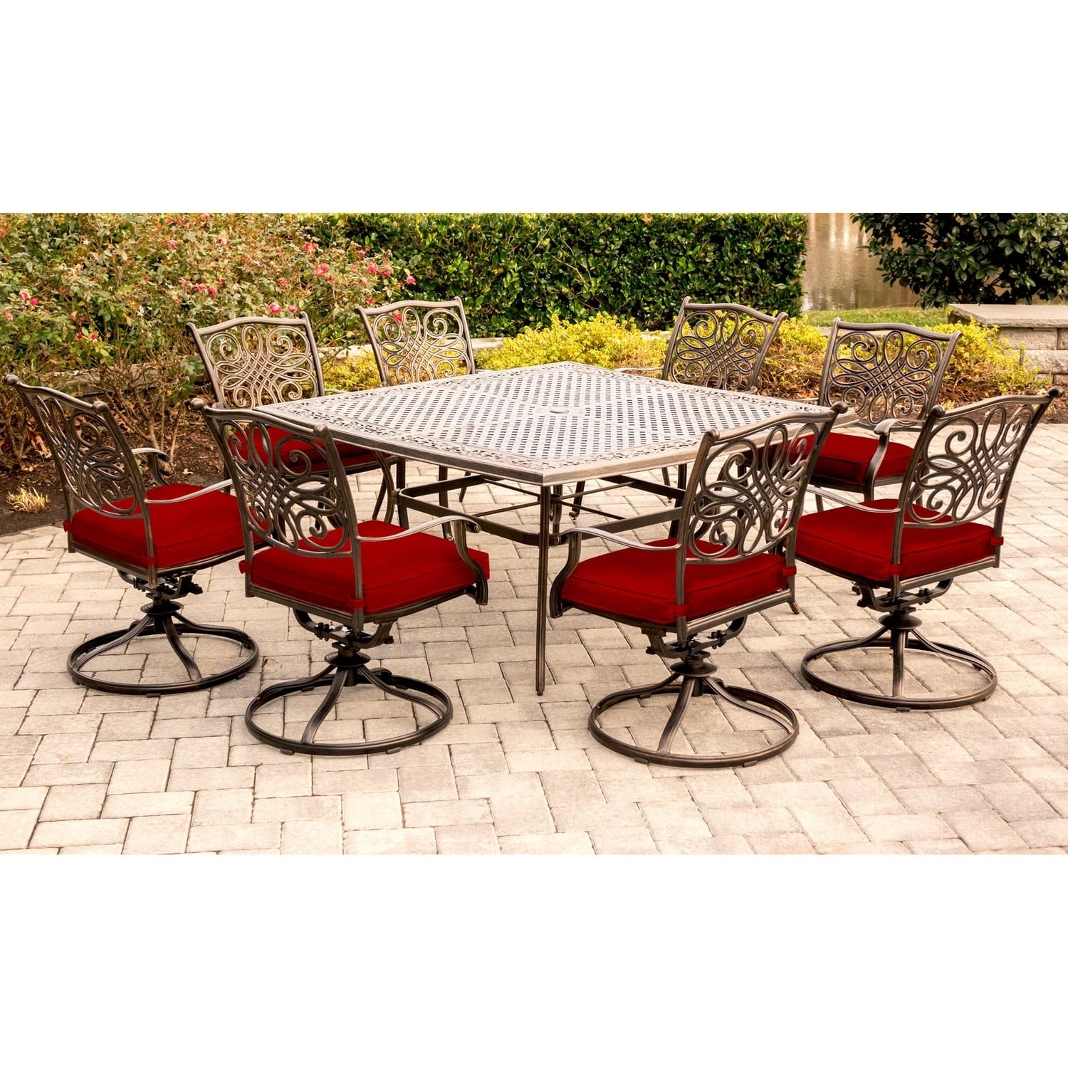 Hanover Traditions 9-piece Dining Set In Red With Eight Swivel Rockers And A Large 60 In. Cast-top Square Table