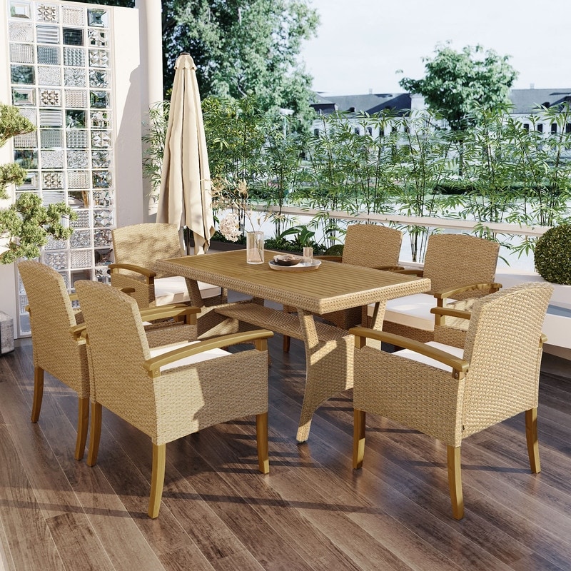 7 Piece Patio Furniture Dining Set  Outdoor Garden Pe Rattan Wicker Dining Table Set wood Tabletop  Armrest Chairs With Cushions
