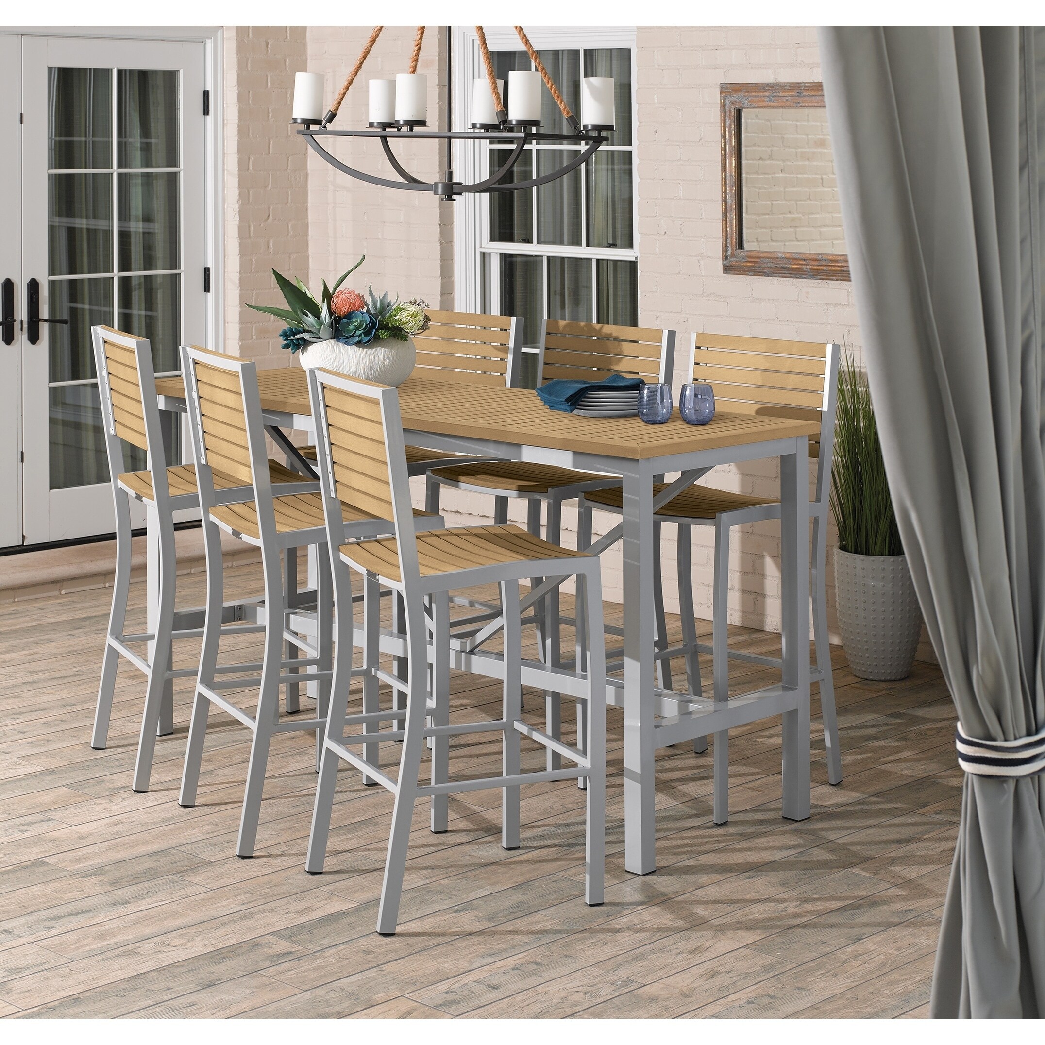 Oxford Garden Travira 7-piece 72-in X 30-in Tekwood Natural Bar Table and Sling Bar Chair Set