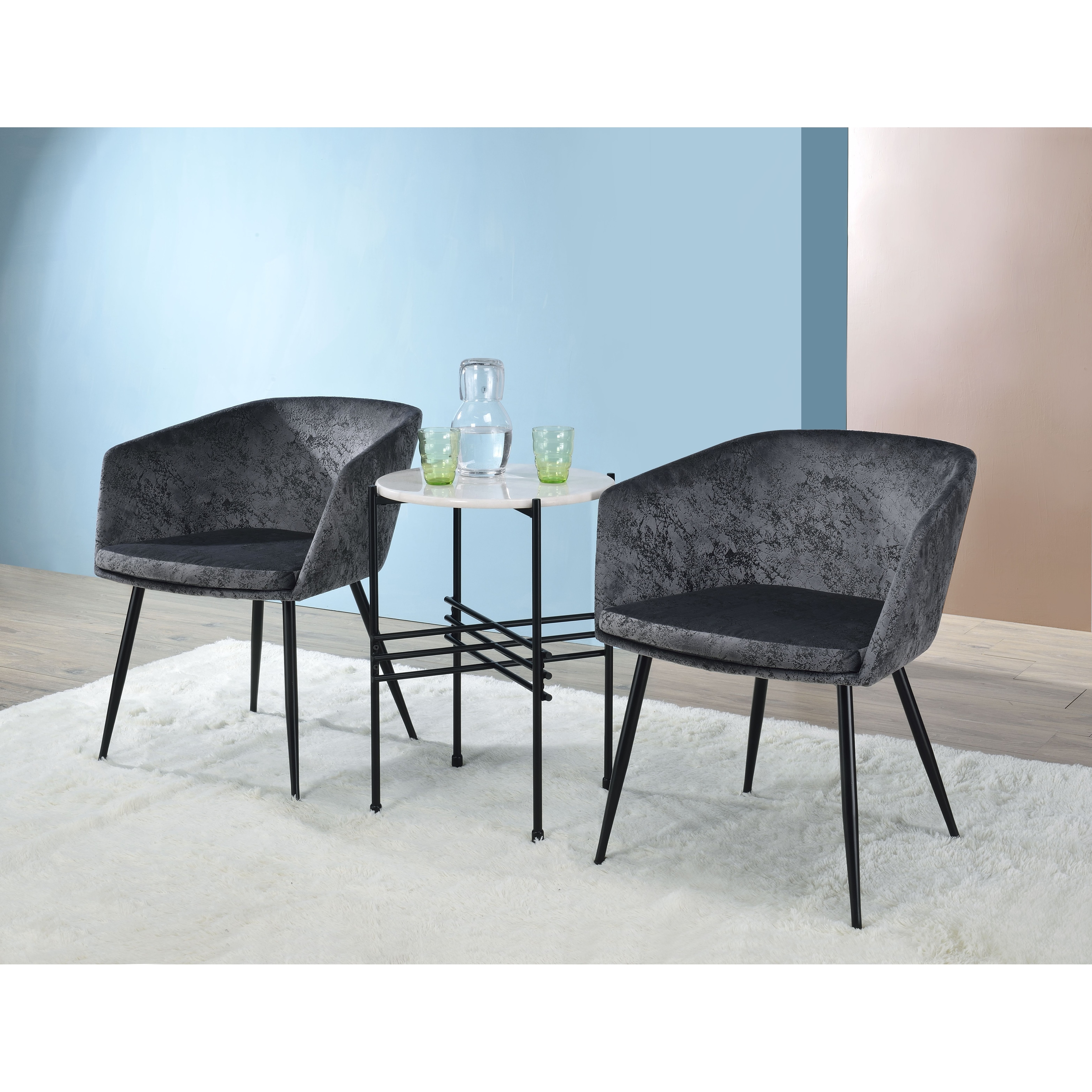 Set Of 3 Modern Style Gray Velvet Black Pack Chair Table  With Single Tier Metal Tube Coffee Table For Outdoor Or Indoor