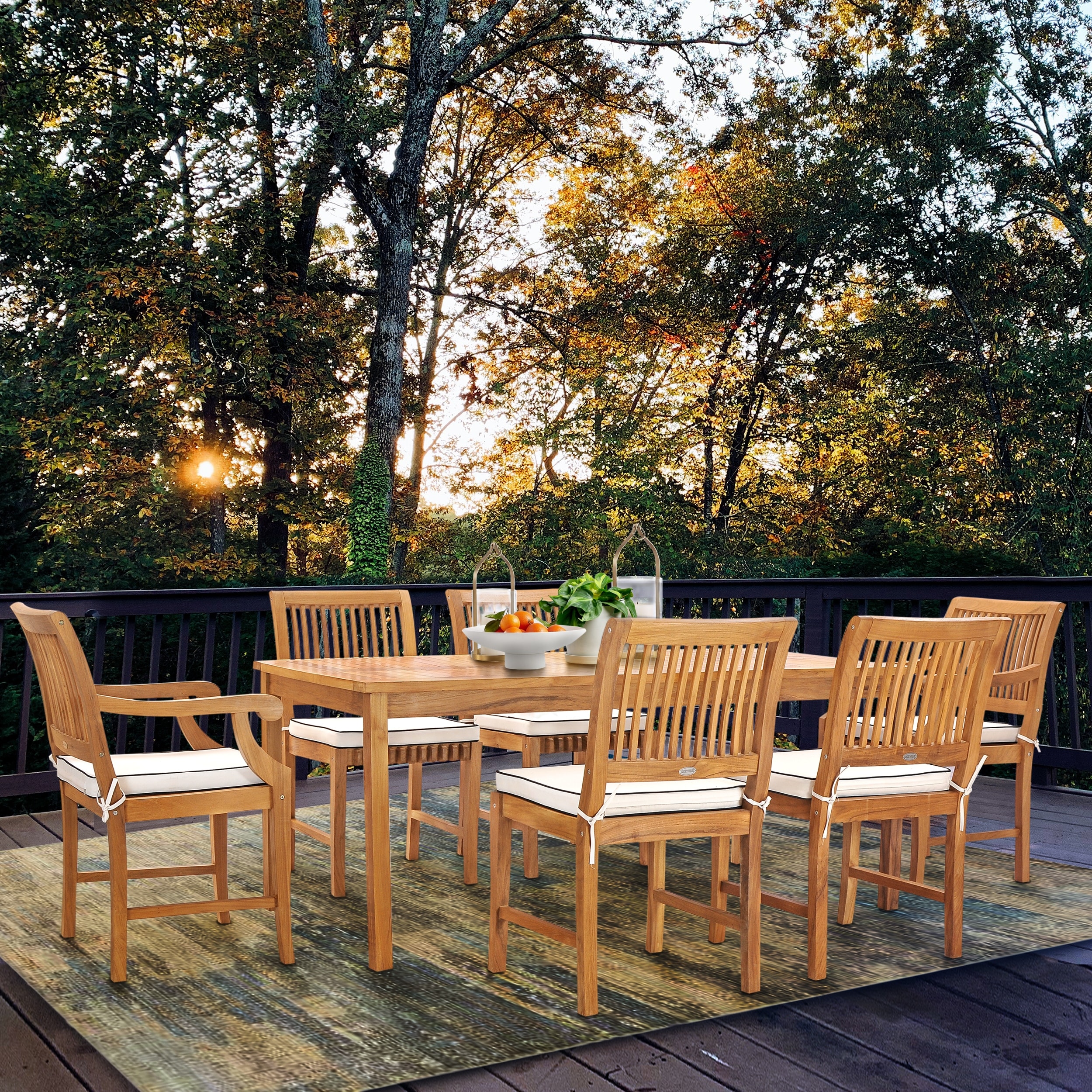 Chic Teak 7 Piece Teak Wood Bermuda 71 Rectangular Large Bistro Dining Set Including 2 Arm Chairs and 4 Side Chairs