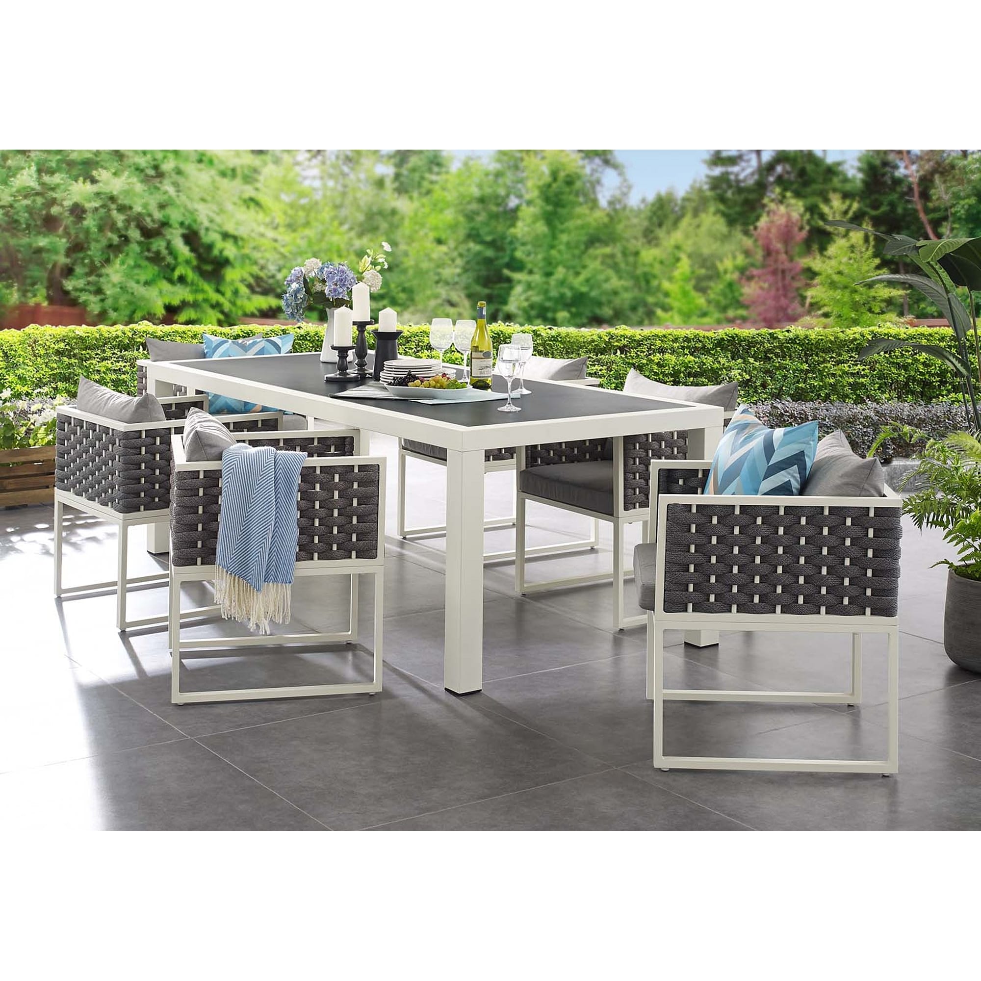 Acampo Modern Grey And White 7 Piece Outdoor Patio Dining Set With Grey Cushions