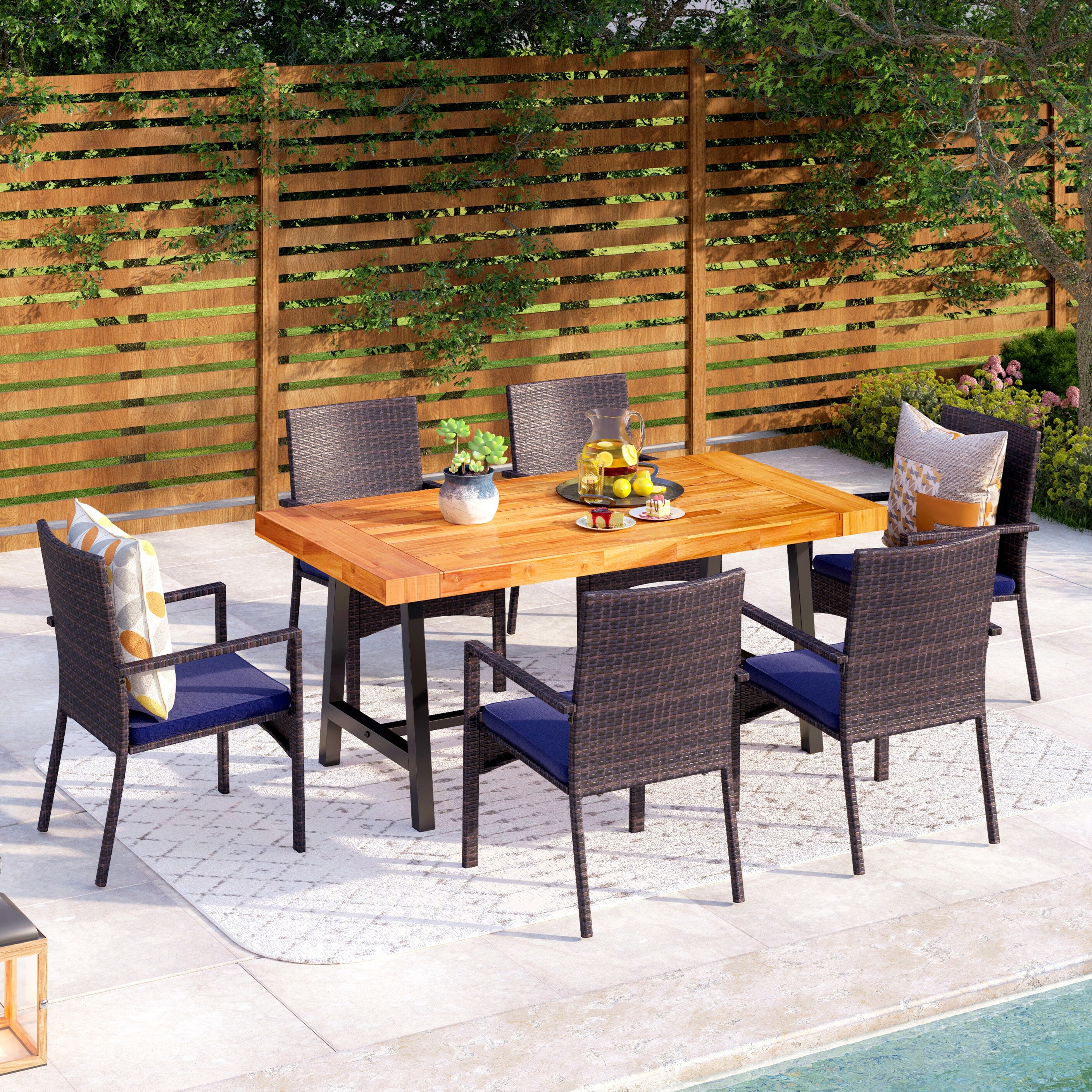 7-piece Outdoor Patio Dining Set 1 Acacia Wood Table and 6 Cushioned Rattan Chairs
