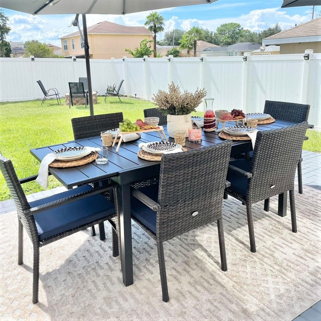 7/9 Patio Dining Set  Expendable Rectangular Outdoor Dining Table With Rattan Chairs